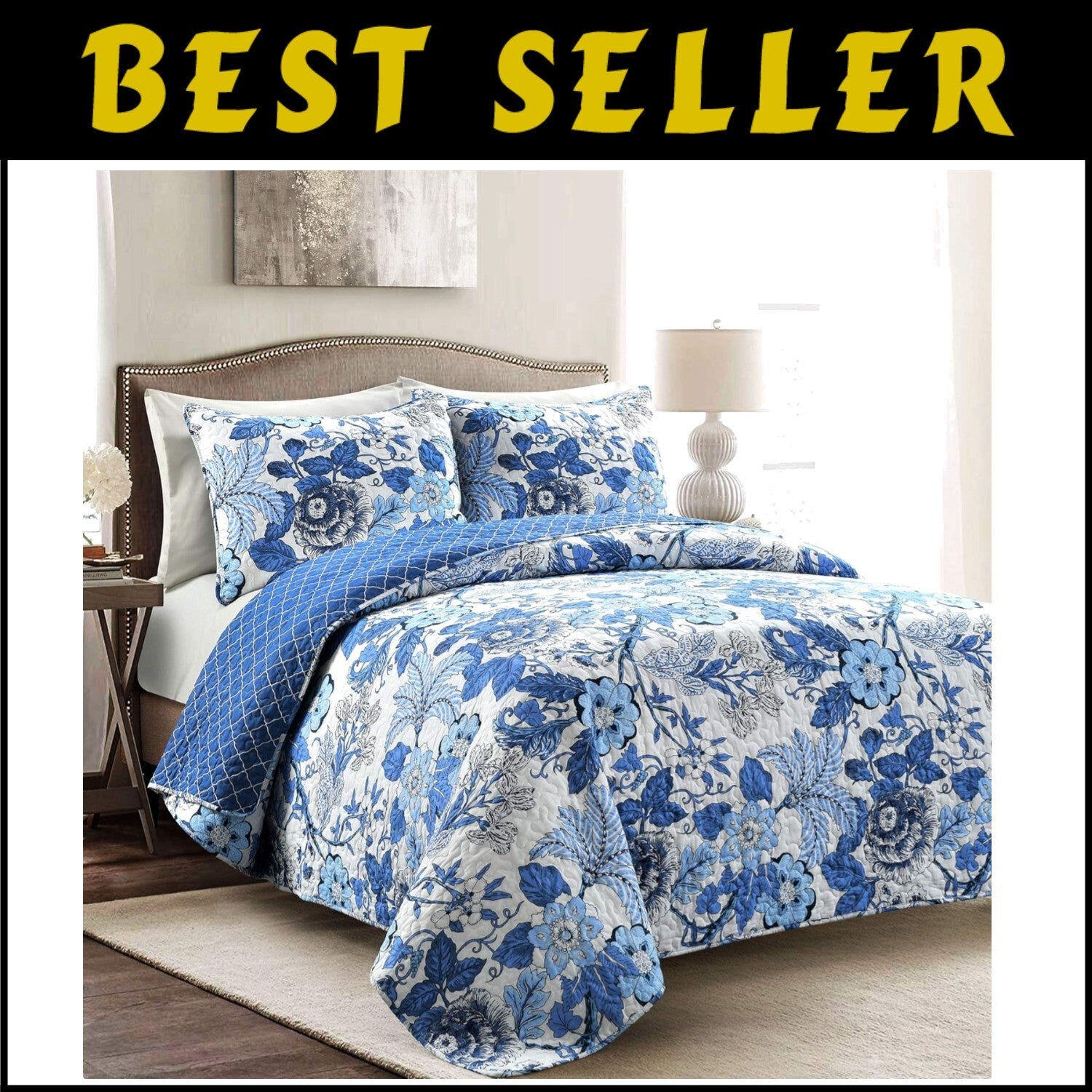 Charming Floral Navy & White Reversible Quilt Set, 3 Piece Bedding, Full/Queen