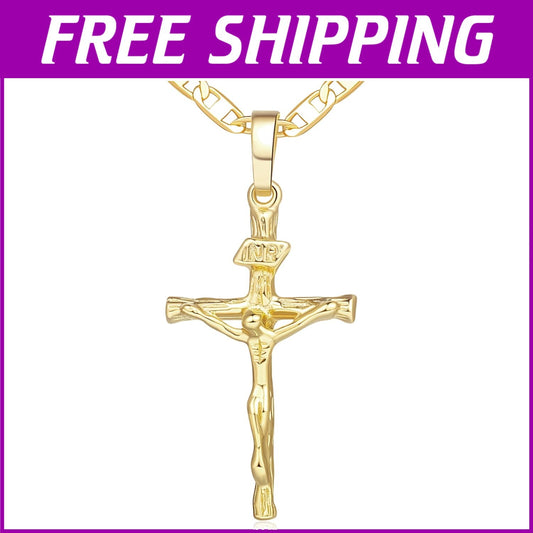 Golden Cross Pendant 14K Necklace with Jesus Pattern - Stylish Symbol of Faith