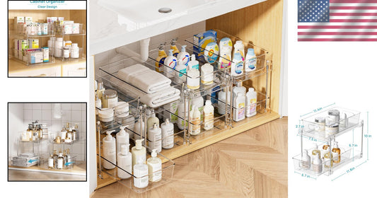 4 Pack 2-Tier Clear Organizers with Stainless Steel Frame - Easy Pull-Out Access