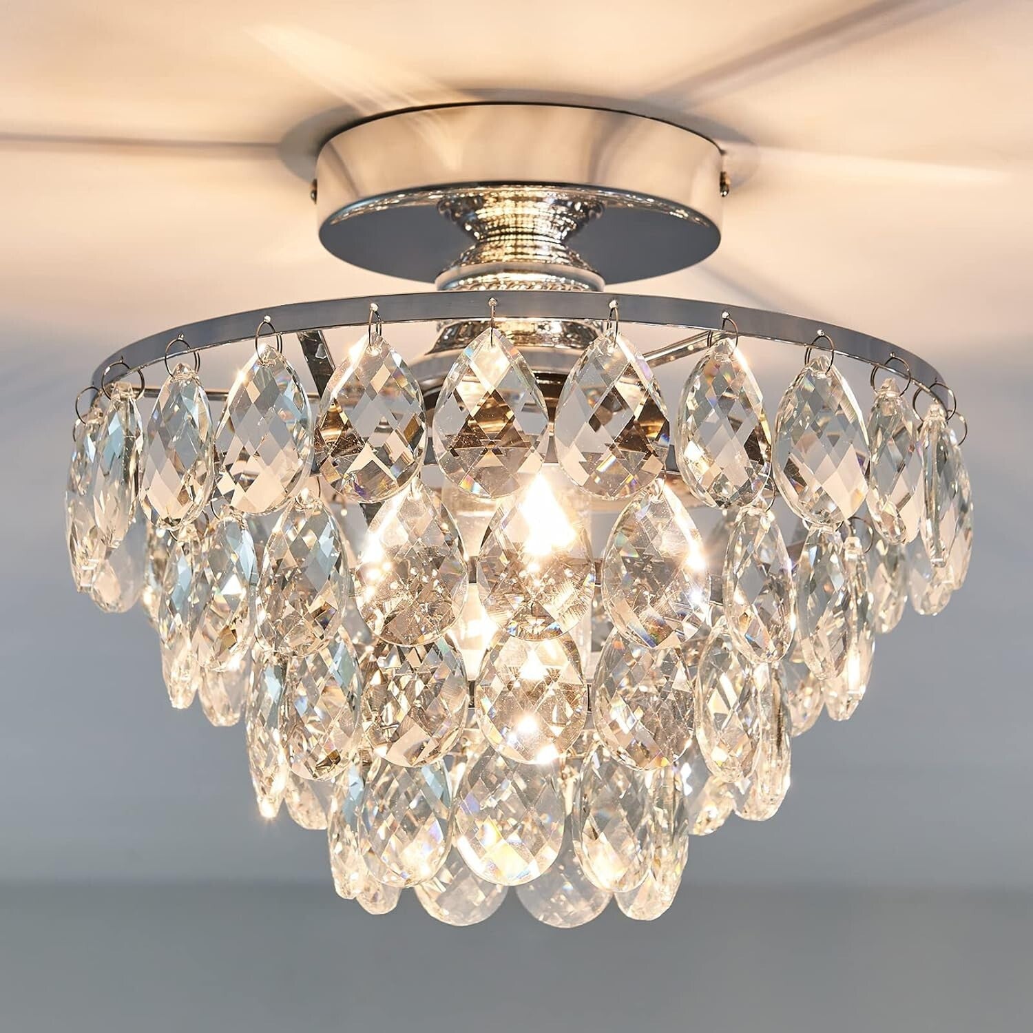 Elegant Small Crystal Chandelier Ceiling Light - Modern Semi Flush Mount Fixture