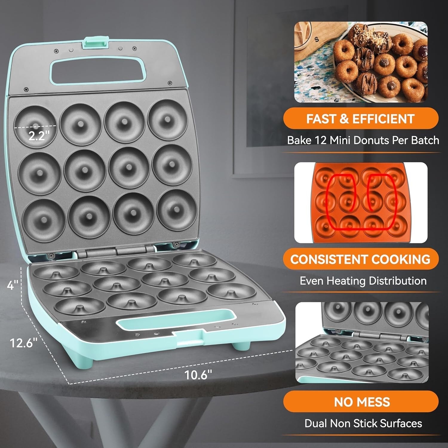 Aqua Mini Donut Maker - Bake 12 Non-Stick Delicious Doughnuts Effortlessly