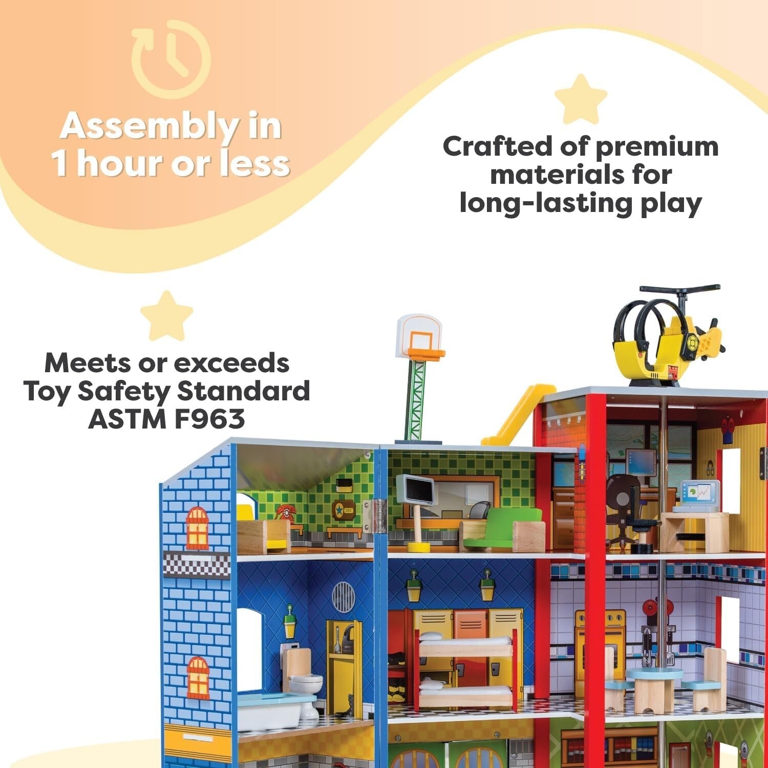 Everyday Heroes 3-Level Wooden Playset with Foldable Design & Firefighter's Pole