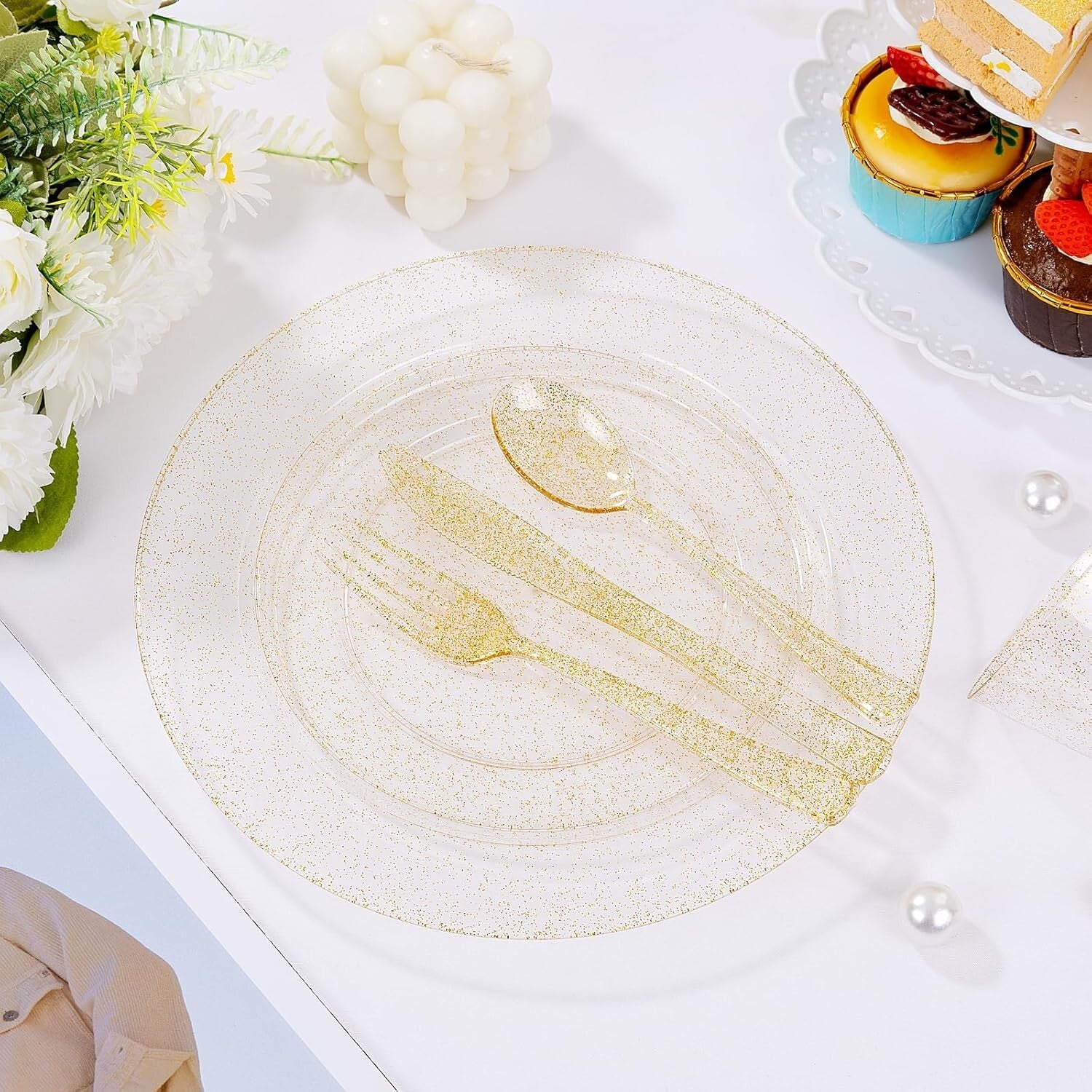 Elegant 700-Piece Disposable Gold Glitter Plates, Cups & Silverware Set