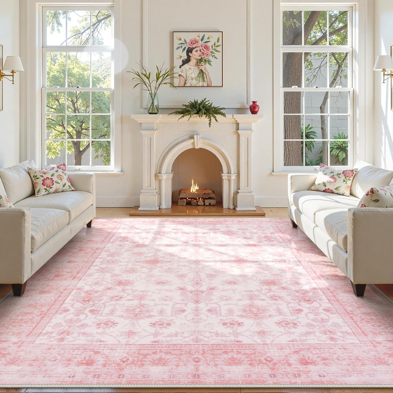 Elegant 8x10 Pink Floral Area Rug - Soft Washable Faux Wool for Living Spaces