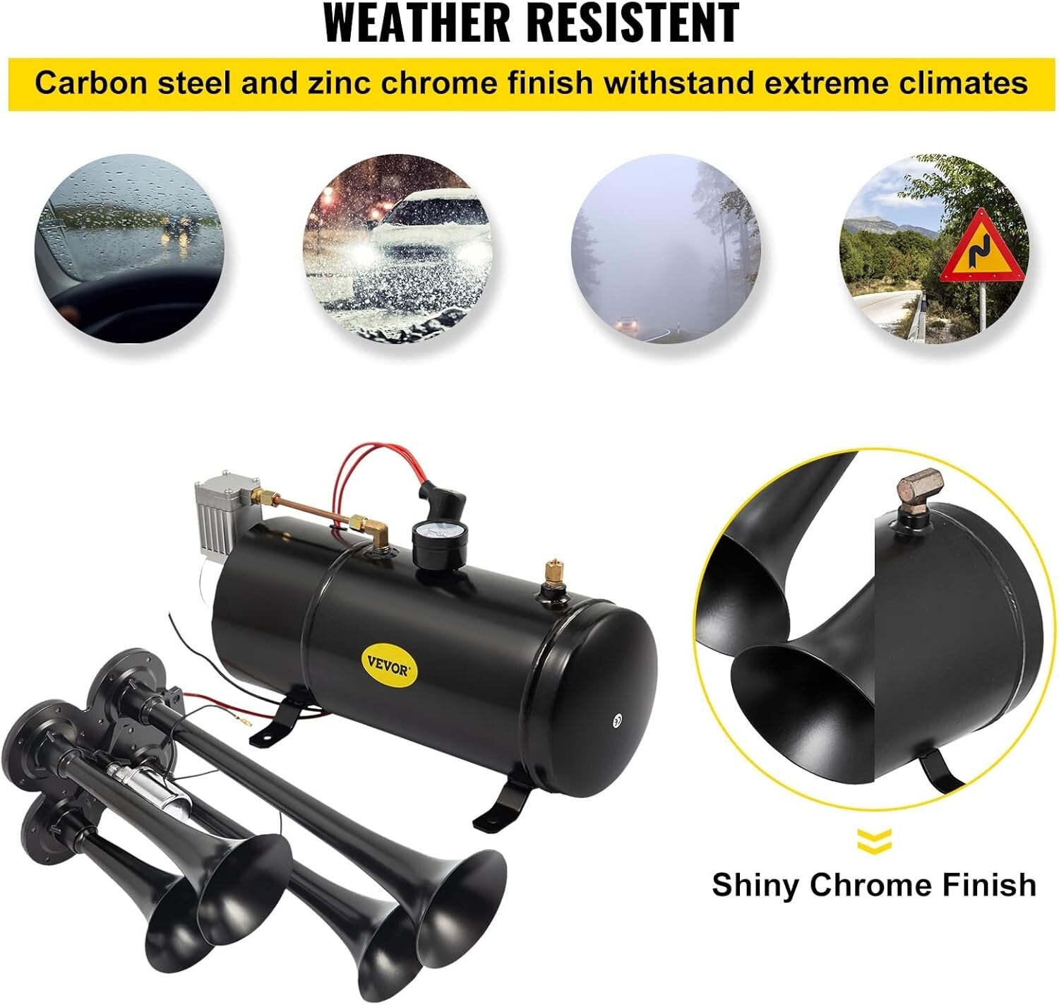 Compact Train Horn System for Trucks & Cars - 4 Trumpets with 20 PSI Compressor