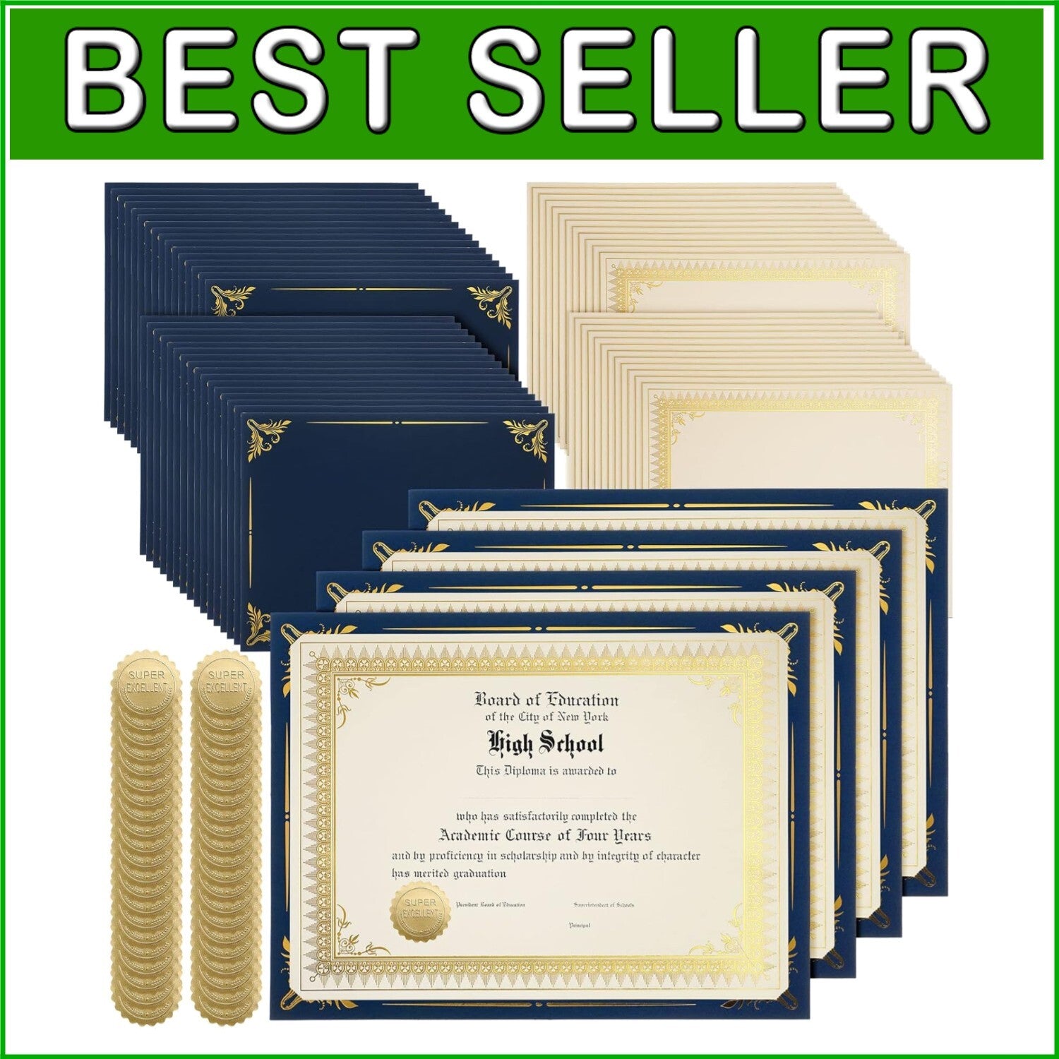 Professional Certificate Paper Kit - 100 Navy Blue Holders & Seals Included
