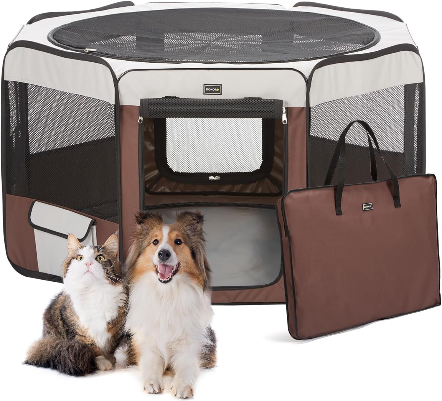 Lightweight Brown Pet Playpen for Small Dogs and Cats - 8 Panel, Removable Top