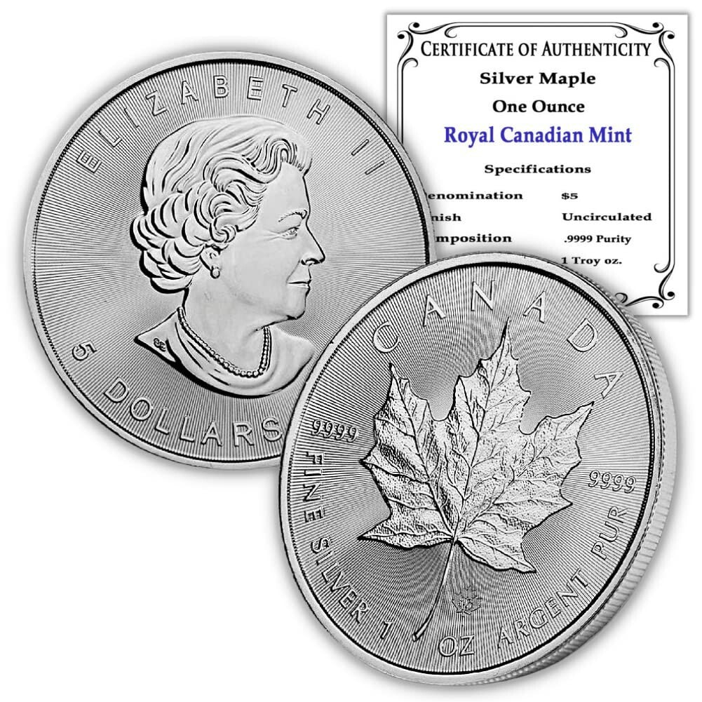Lustrous Canadian Silver Maple Leaf Coin - $5 Brilliant Uncirculated, 1 Troy Oz