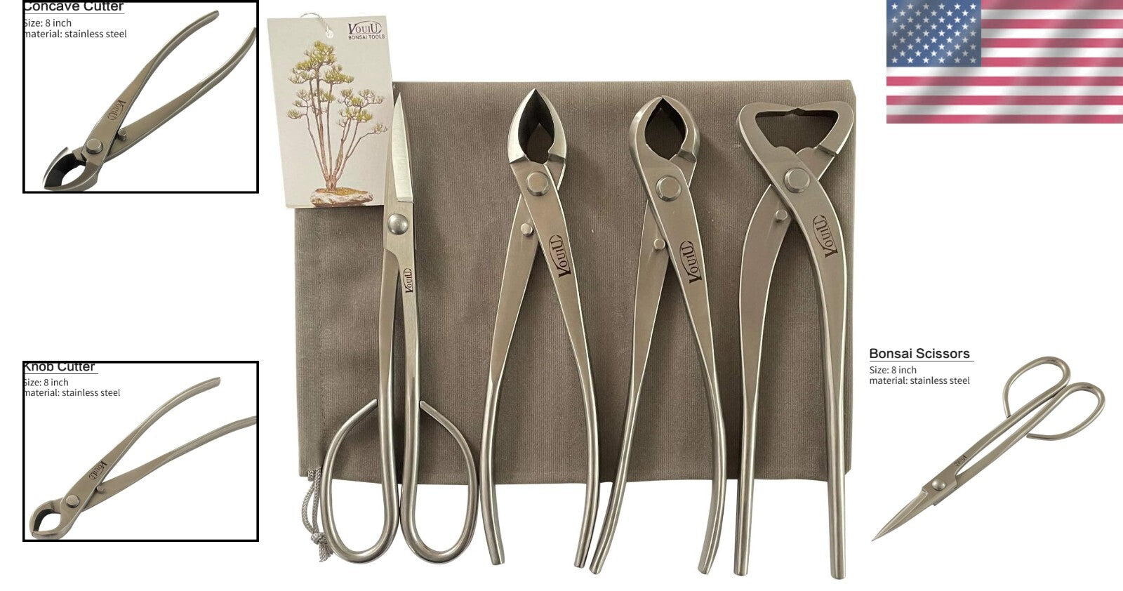 4-Piece Stainless Steel Bonsai Tool Set - Concave Cutter & Scissors Included