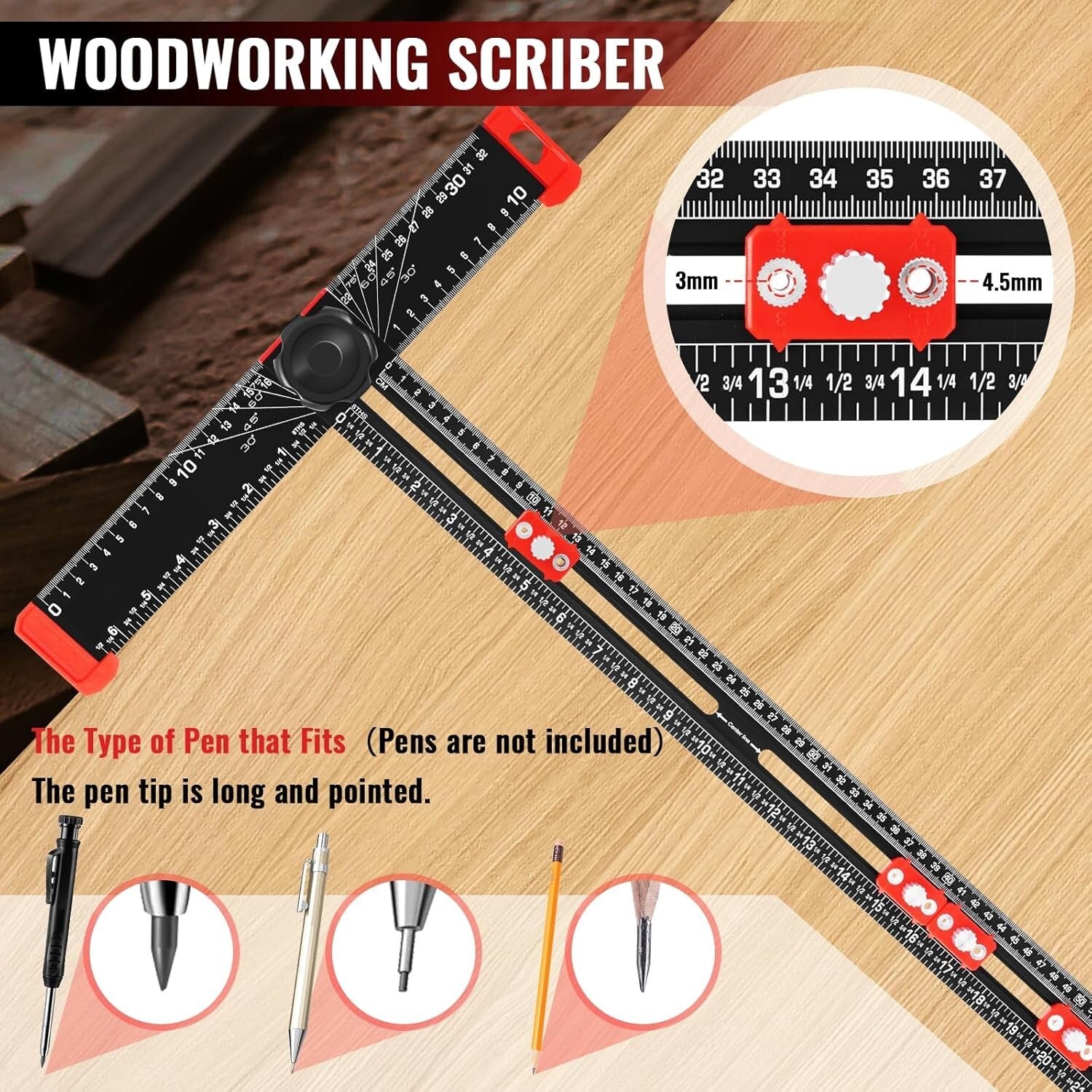 4-in-1 Adjustable T-Square Ruler - Precision Measuring Tool for Woodworking