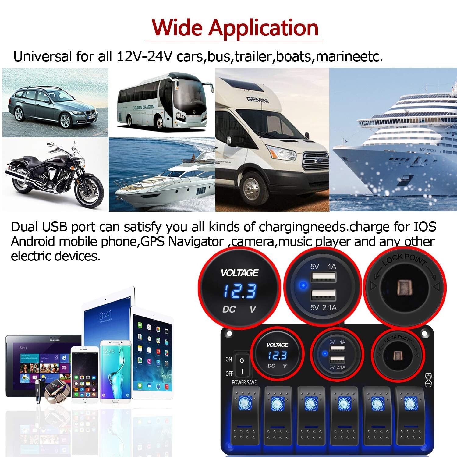 Versatile Marine Rocker Switch Panel - 6 Gang with USB, Voltmeter & Power Saving