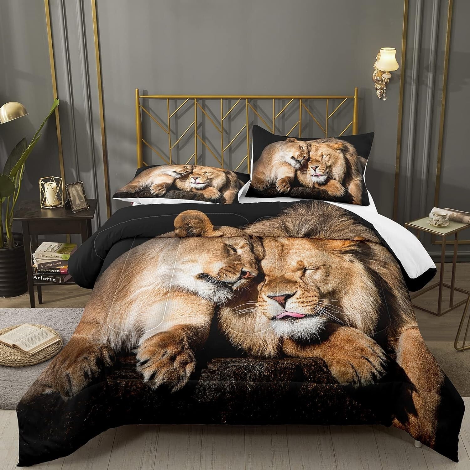Elegant King Lion Bedding Set - Machine Washable Microfiber Quilt and Shams