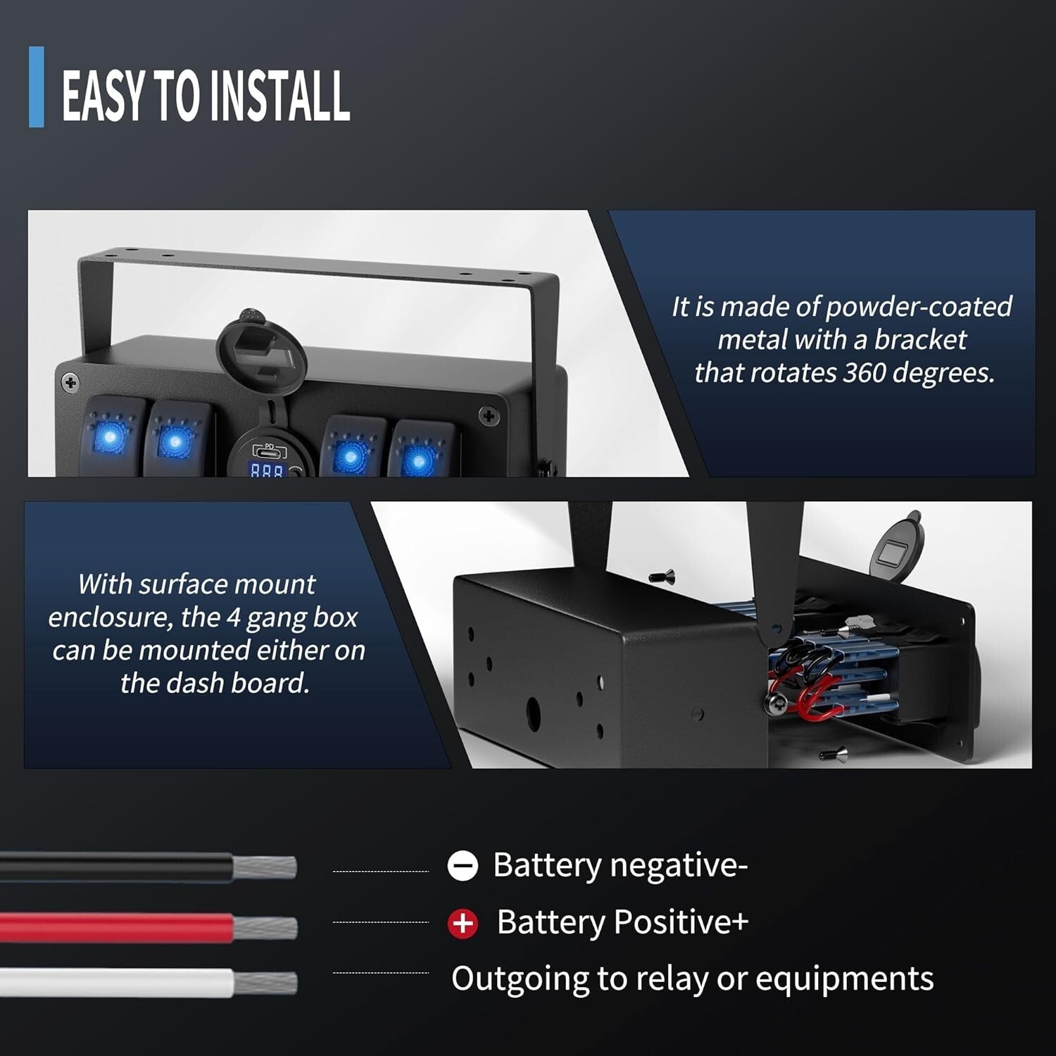 Durable Marine 4 Gang Switch Box with Built-in LED Voltmeter & Adjustable Mount