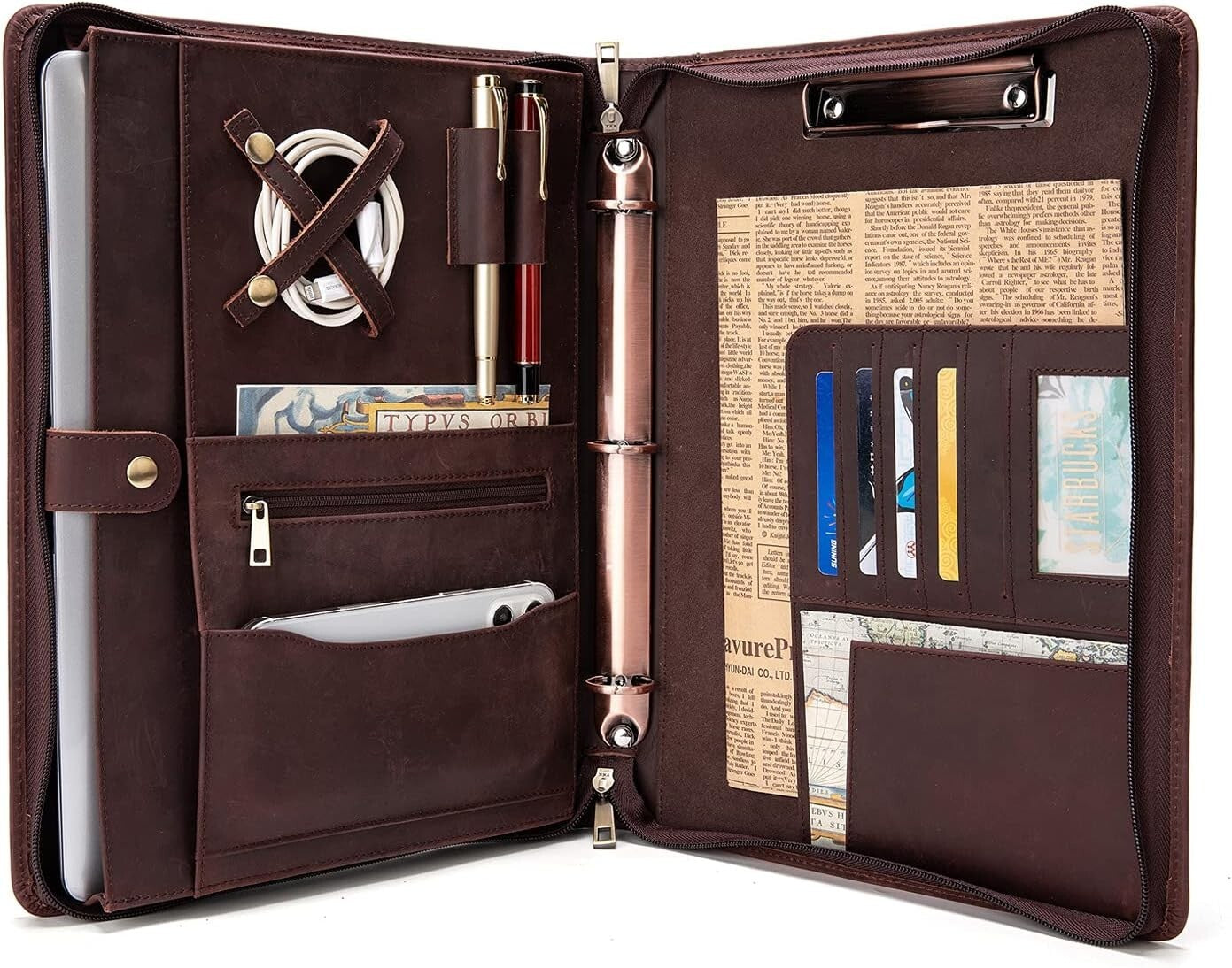 Elegant 3-Ring Leather Padfolio with Tablet Holder - Perfect for Business Trips
