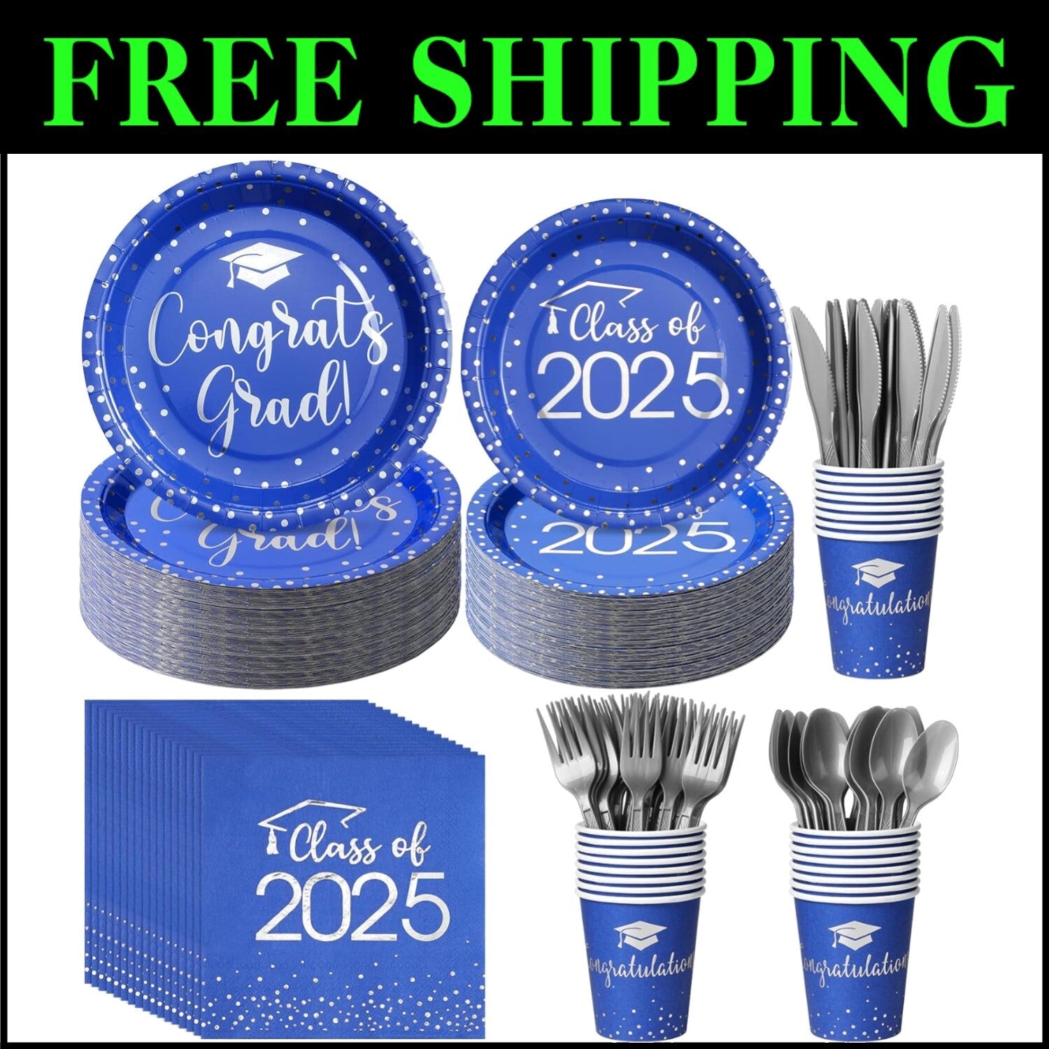Elegant Blue & Silver Graduation Plate and Napkin Set for Class of 2025 Parties