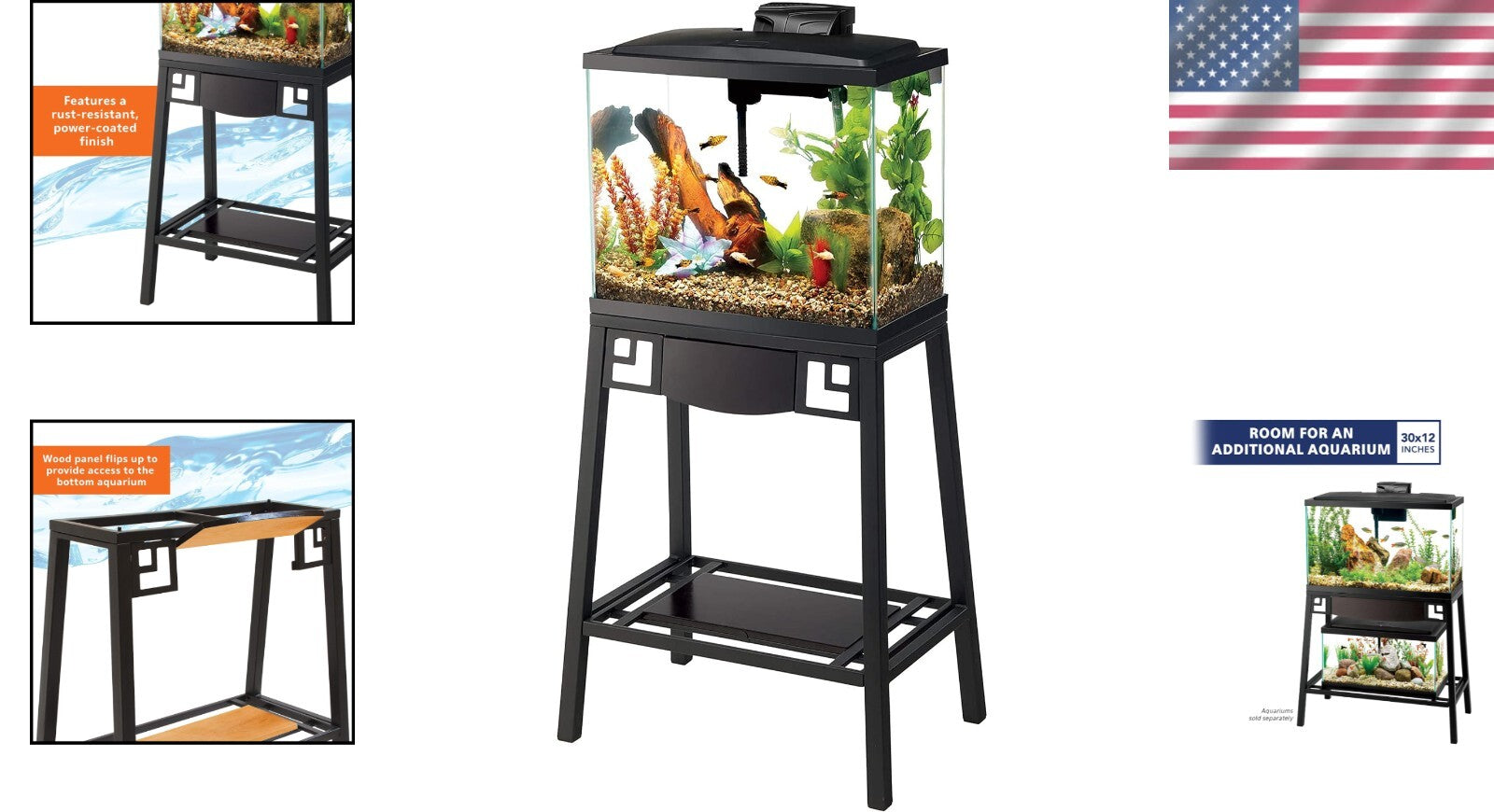 Elegant Metal 20 Gallon Aquarium Stand with Reversible Wood Panels - Black/Brown