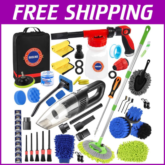 Complete 63-Piece Car Wash Set with Long Handle Brush & Powerful Vacuum Cleaner