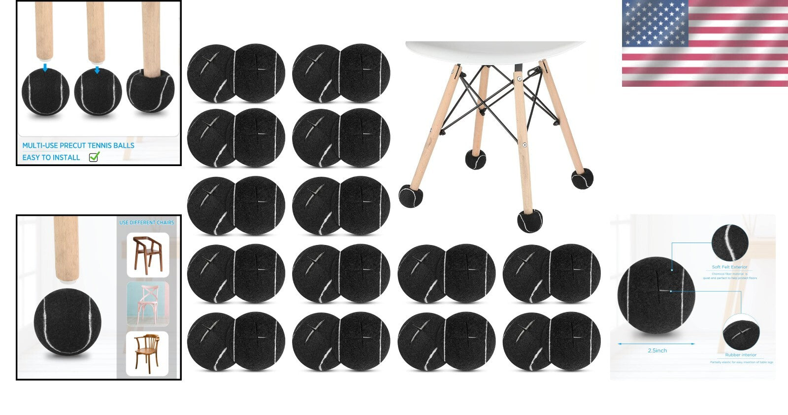 40 Pcs Precut Rubber Tennis Balls for Furniture & Floor Protection - Black