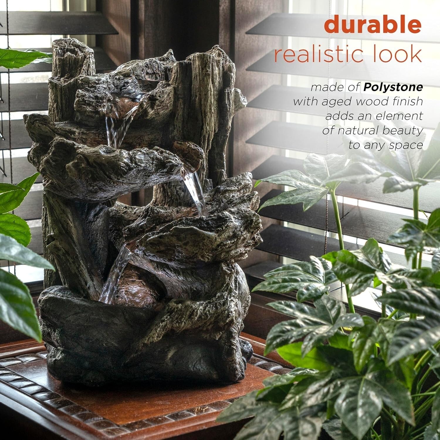 Compact 14" Tall Log Fountain with Cascading Water & LED for Indoor Serenity