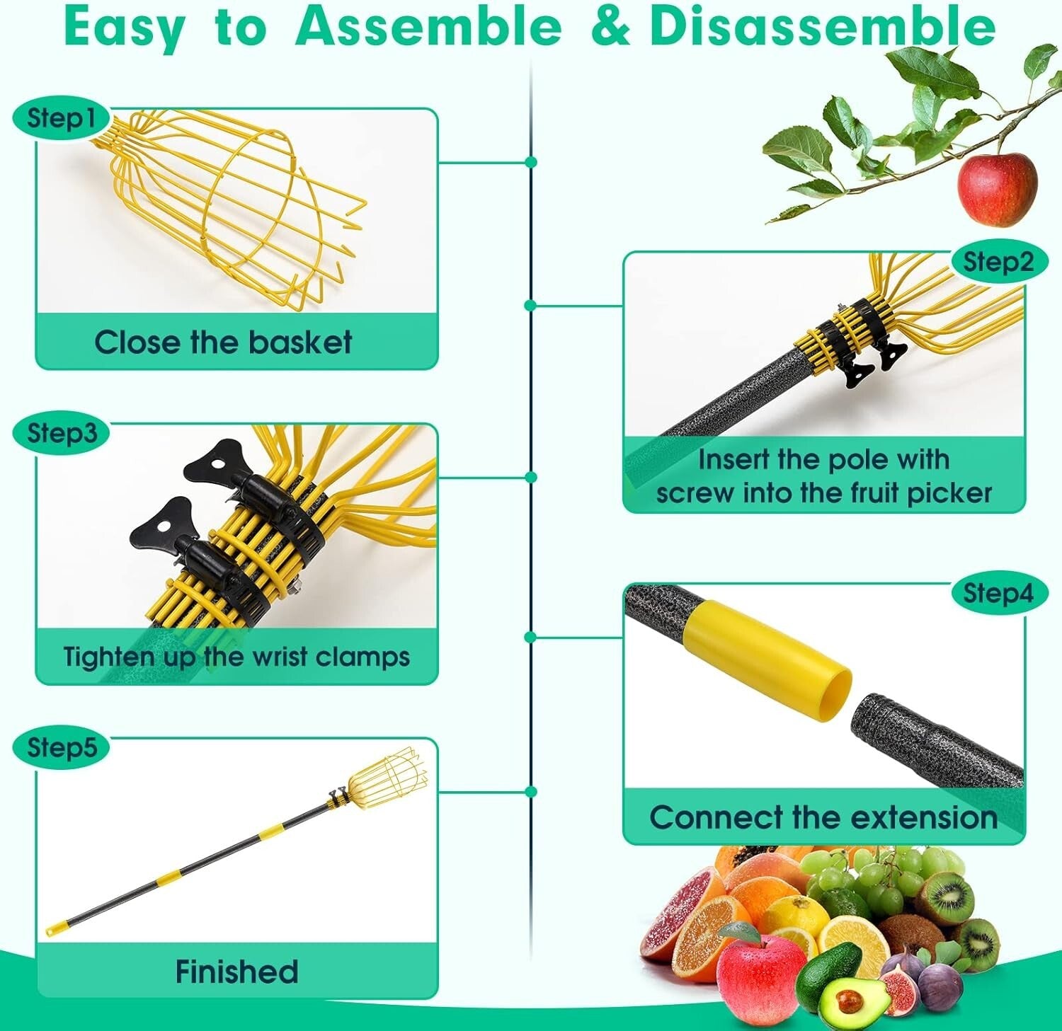 Heavy Duty 8FT Fruit Picker Pole with 5.5" Basket - Ideal for Home Gardens