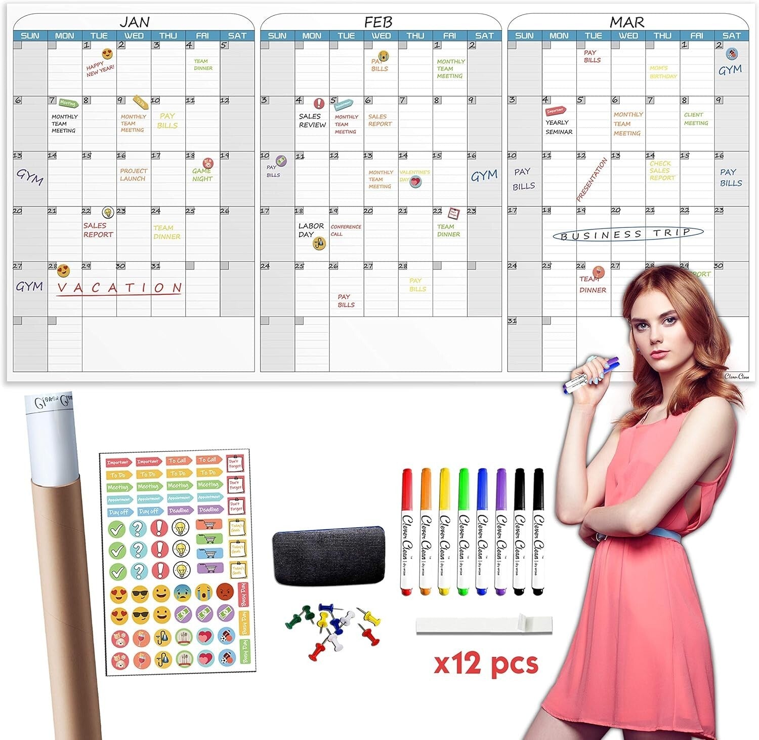 Extra Large 36"x72" Dry Erase Wall Calendar - 3-Month Organizer for Home/Office