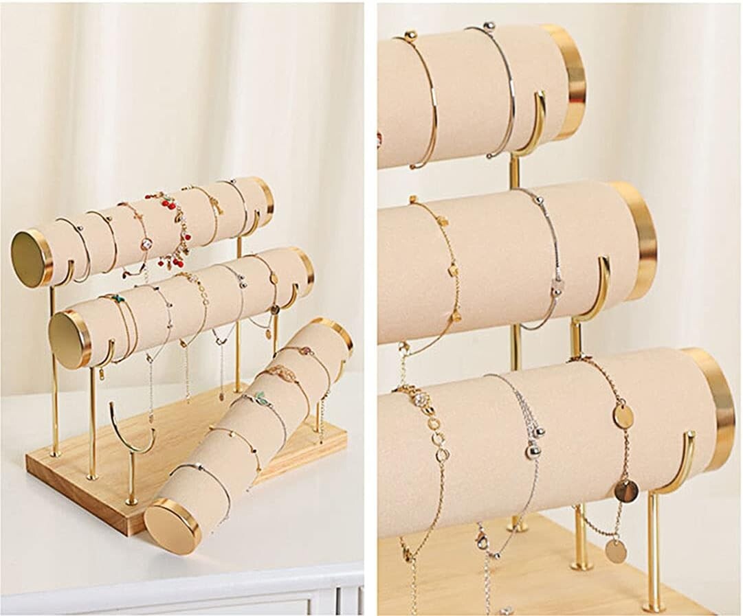 Chic Beige Velvet Bracelet Stand - Three-Tier Jewelry Display with Gold Accents
