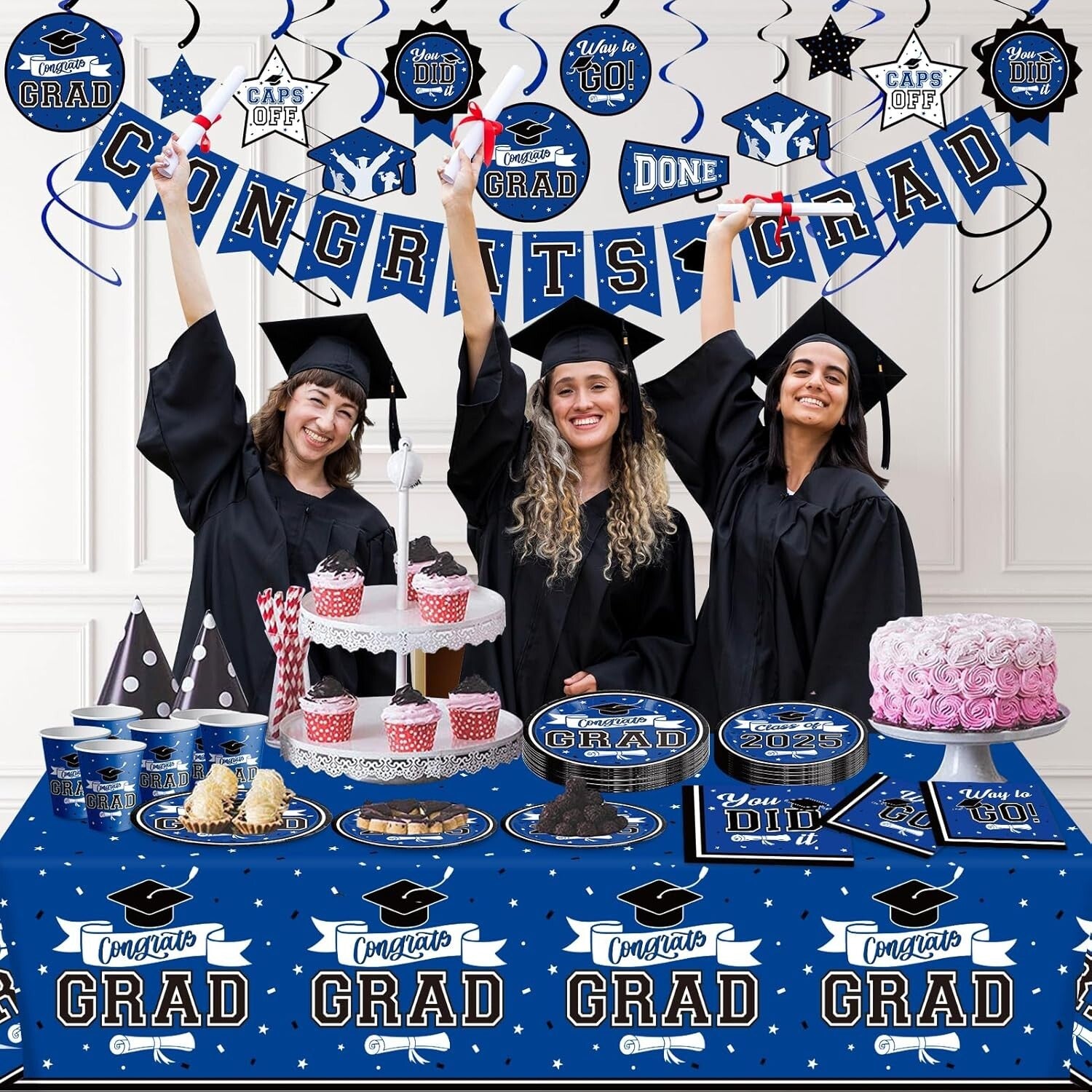 Convenient Graduation Party Supplies Set with Decor for 50 Guests - Blue