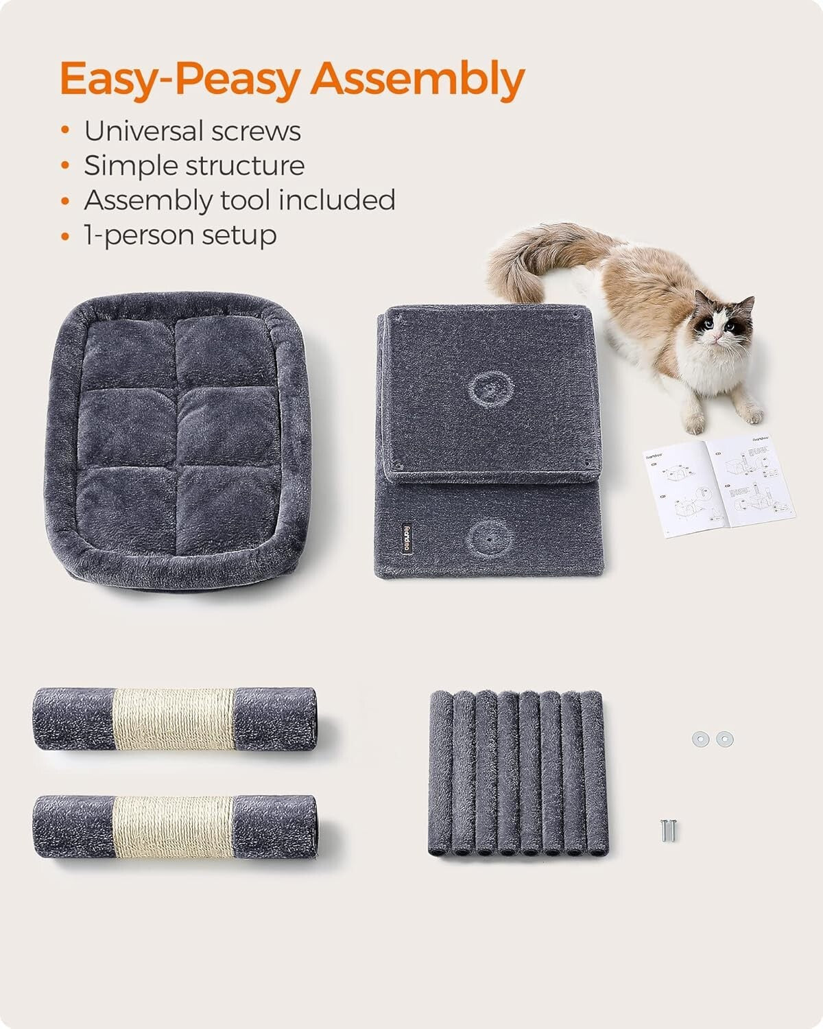 Smoky Gray 39.8" Cat Tower with Large Perch and Two Cat Caves - Stable & Durable