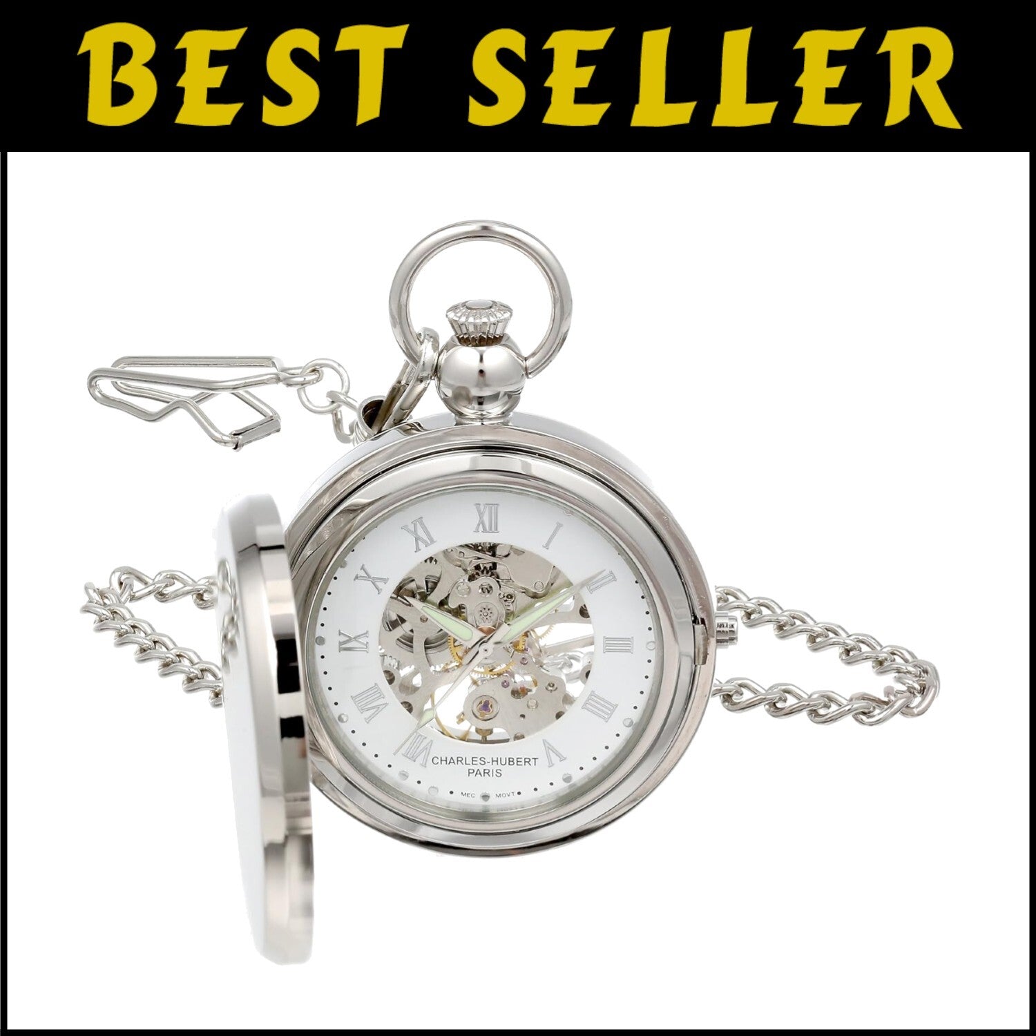 Luxury Chrome Finish 48mm Mechanical Pocket Watch with Photo Insert