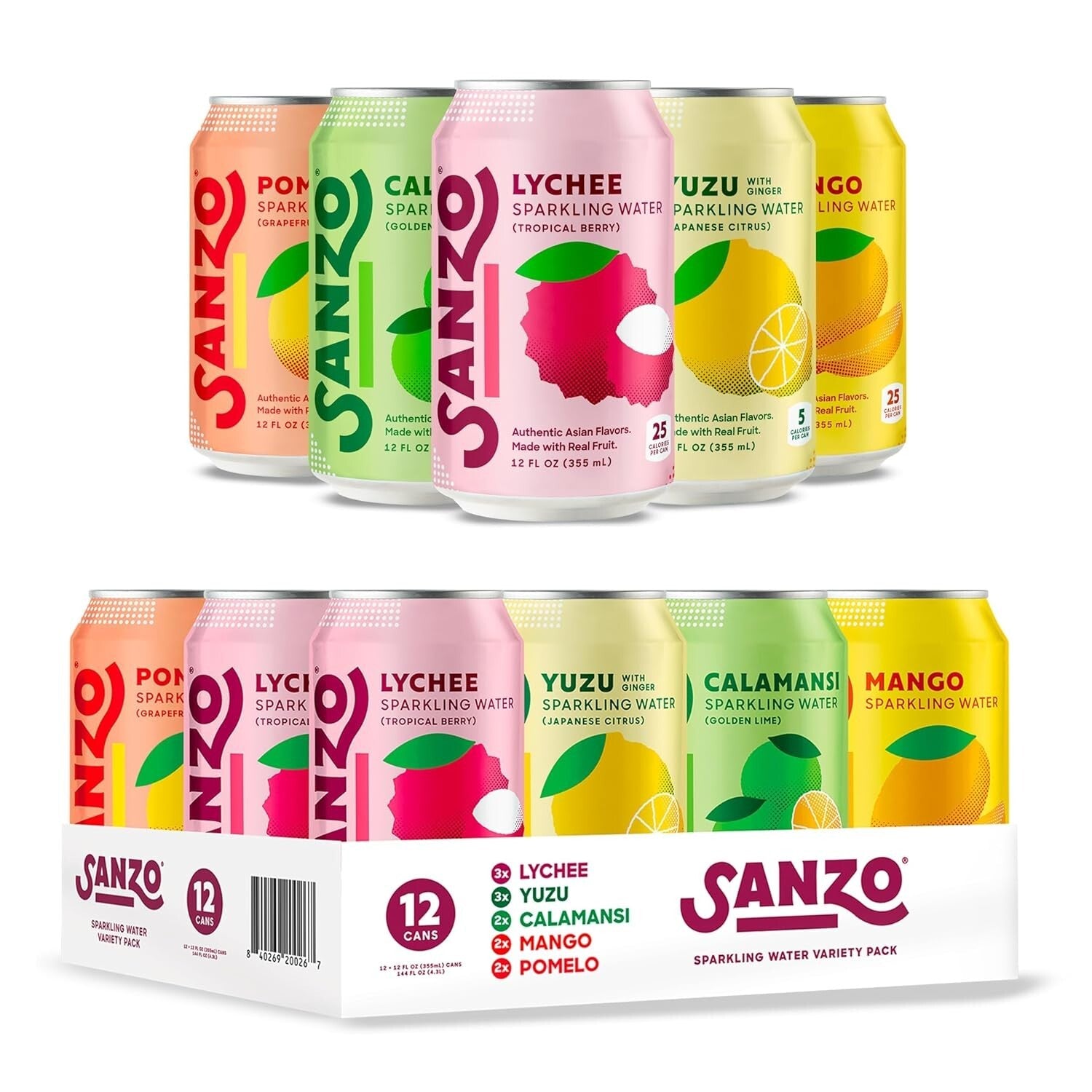 Asian-Inspired Flavored Sparkling Water Variety: 12oz Cans - Vegan & Low Sugar