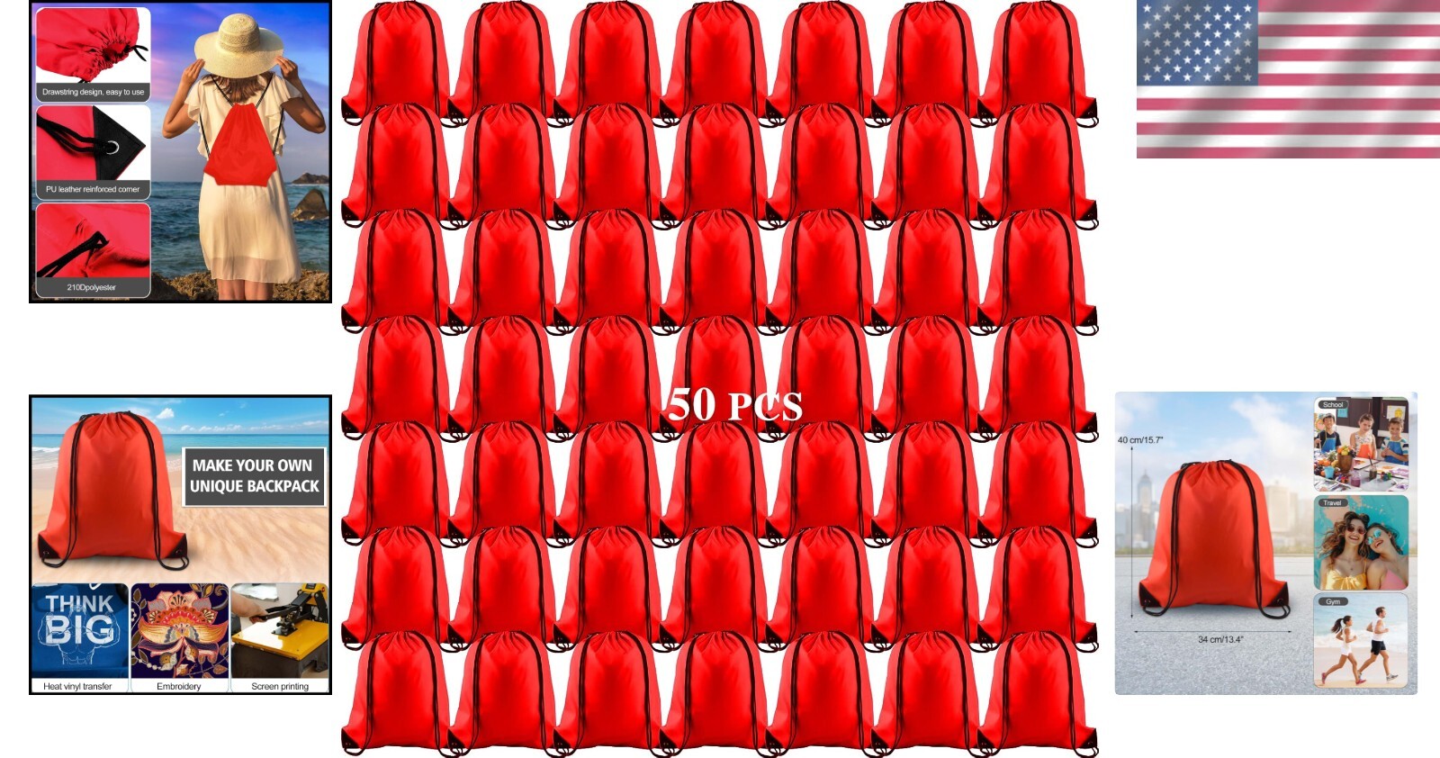 Bulk Red Drawstring Bags - 50 Durable Backpack Bags for Active Lifestyles