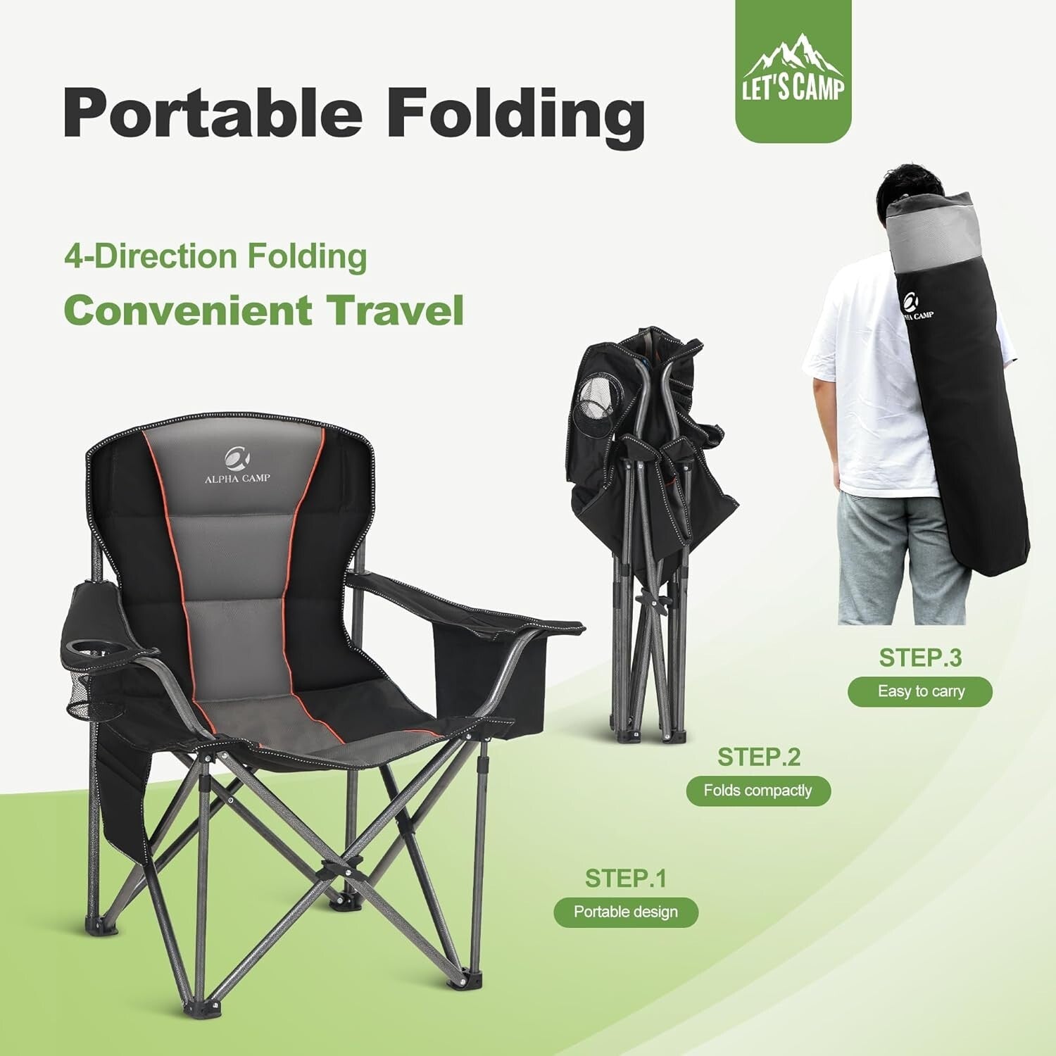Ergonomic Padded Folding Camping Chair with Cooler & Cup Holder - Twin Pack