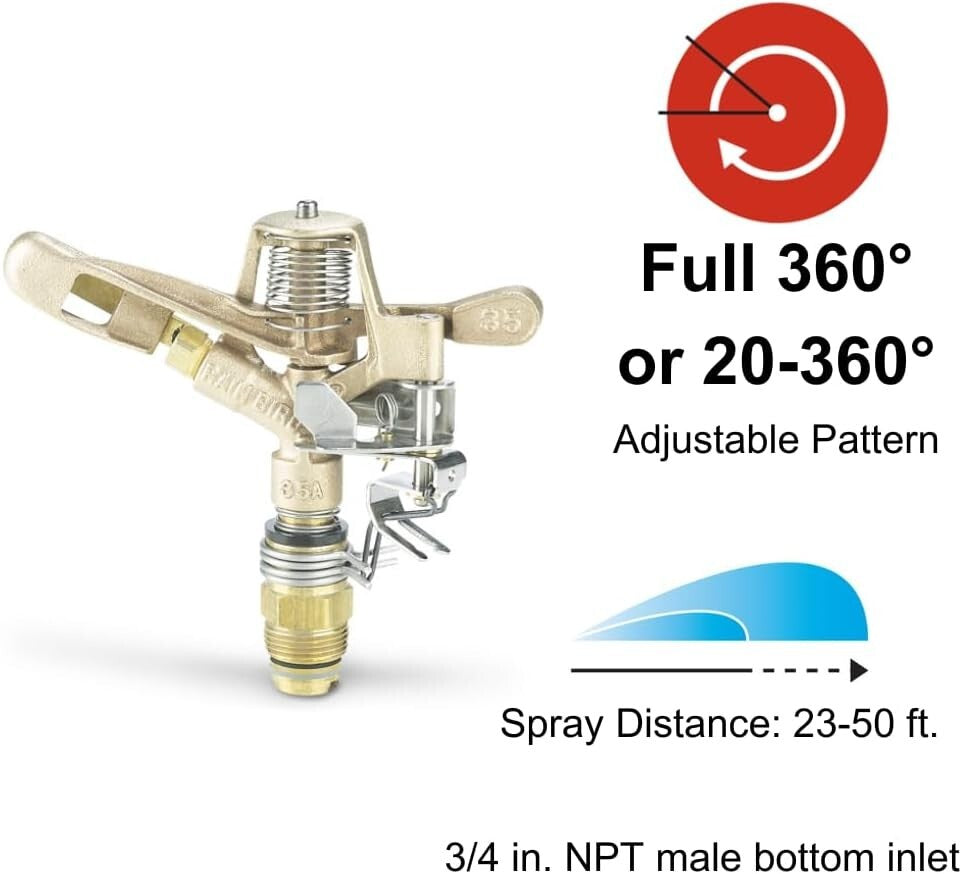 Adjustable Brass Impact Sprinkler with 23'-50' Distance and Grit-Proof Bearing