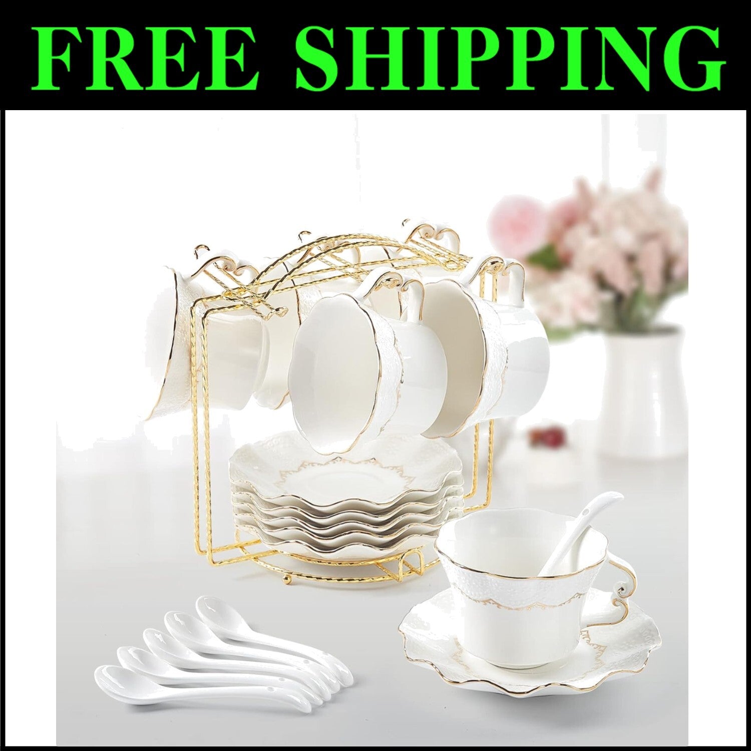 Luxury British Porcelain Tea Cups and Saucers with Butterfly Handles Set of 6