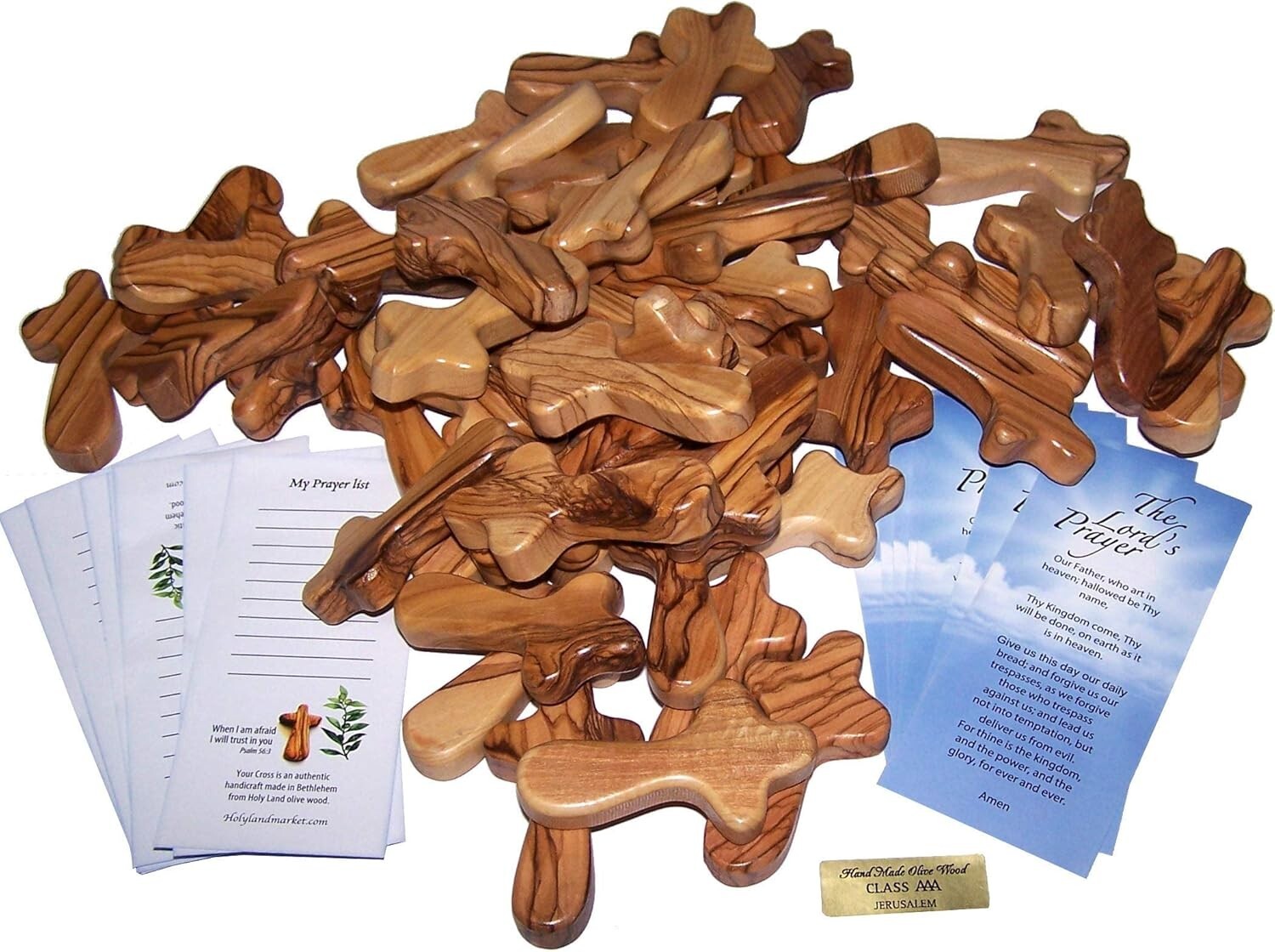 Inspirational 2.5" Olive Wood Palm Crosses with Lord Prayer Card - Pack of 50