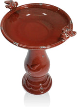 Load image into Gallery viewer, 25" Tall Red Antique Ceramic Birdbath with 2 Bird Figurines – Outdoor Elegance