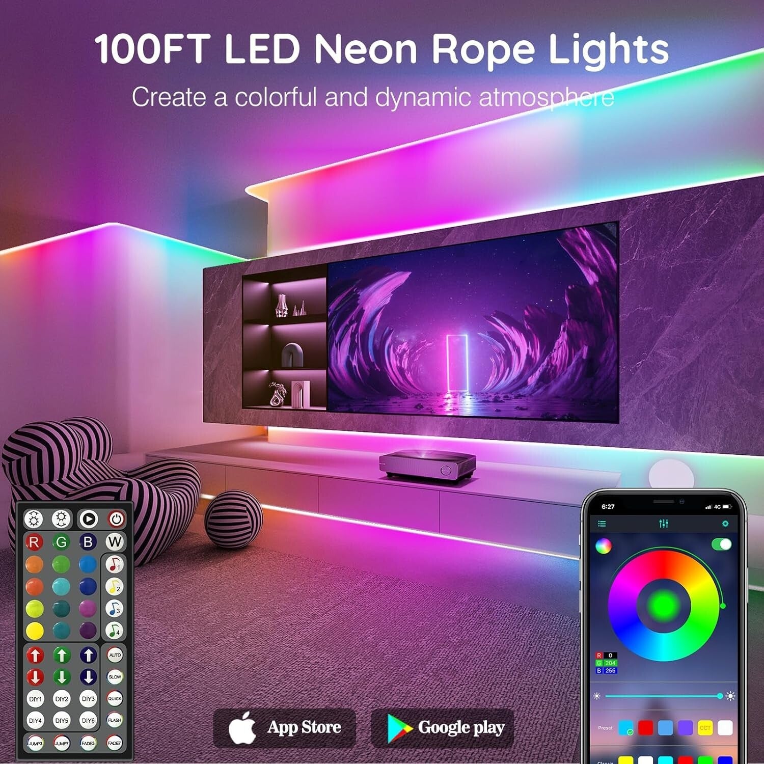Eco-Friendly 100FT RGB Neon Lights - App & Remote Control with Music Sync
