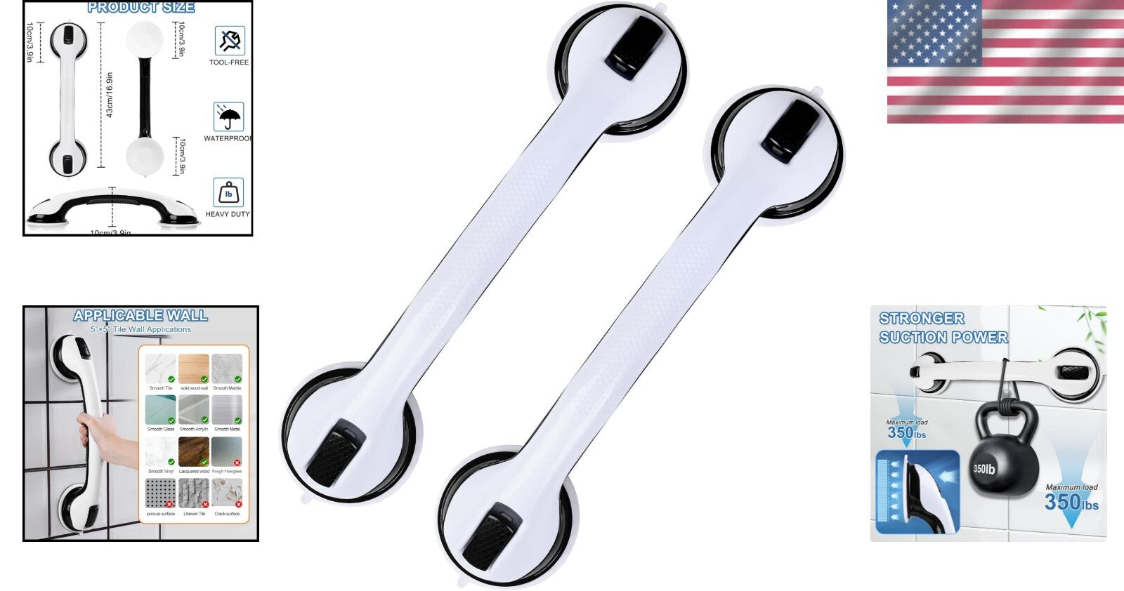 Easy Install 16” Suction Grab Bars - Black Shower Handles for Safety (2 Pack)