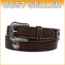 Load image into Gallery viewer, Men's Basketweave Leather Concho Belt with Silver Floral Details - Sizes 32-46