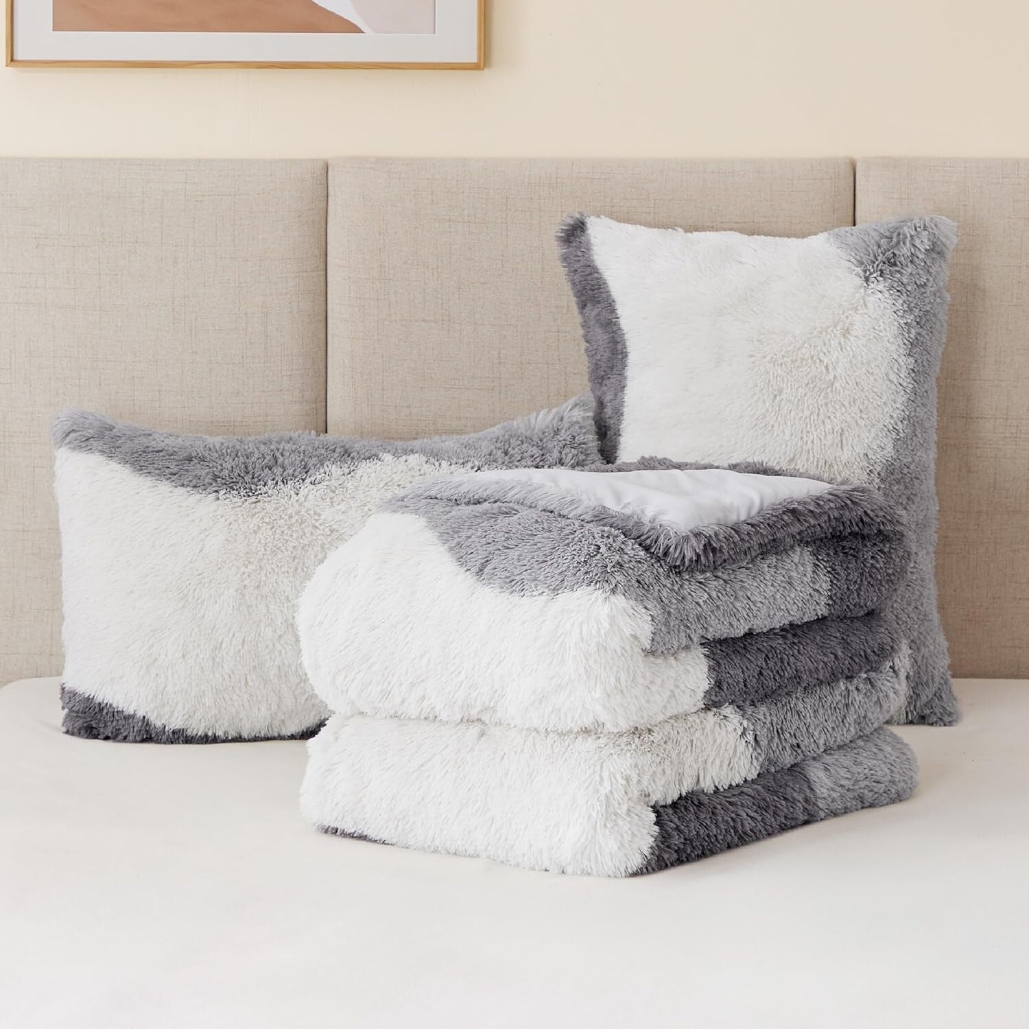 Oeko-Tex Certified Shaggy Faux Fur Comforter Set in Stylish Grey Ombre, 3-Piece