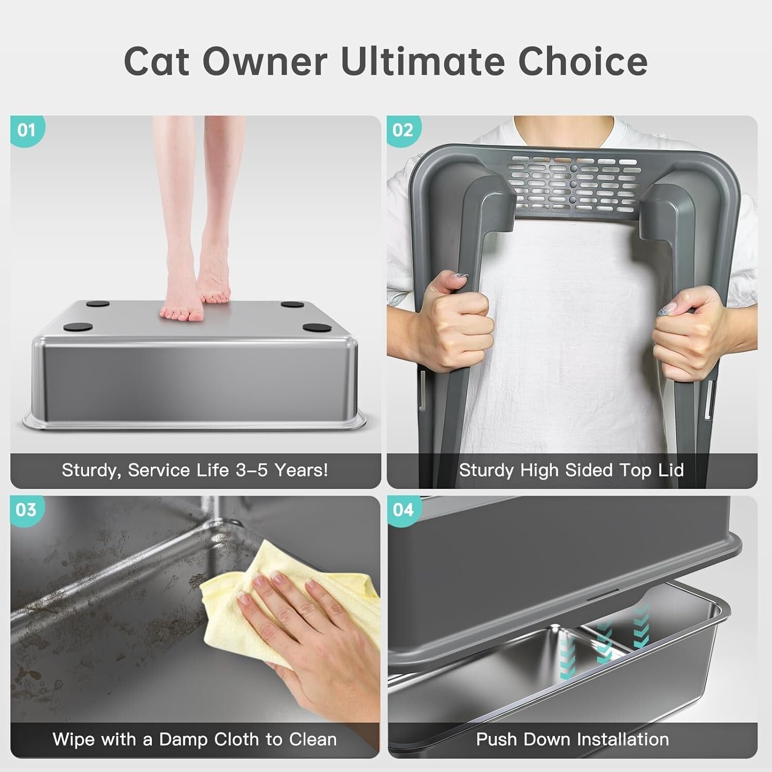 Durable XL Stainless Steel Litter Box with Secure Lid & Litter Scoop Included
