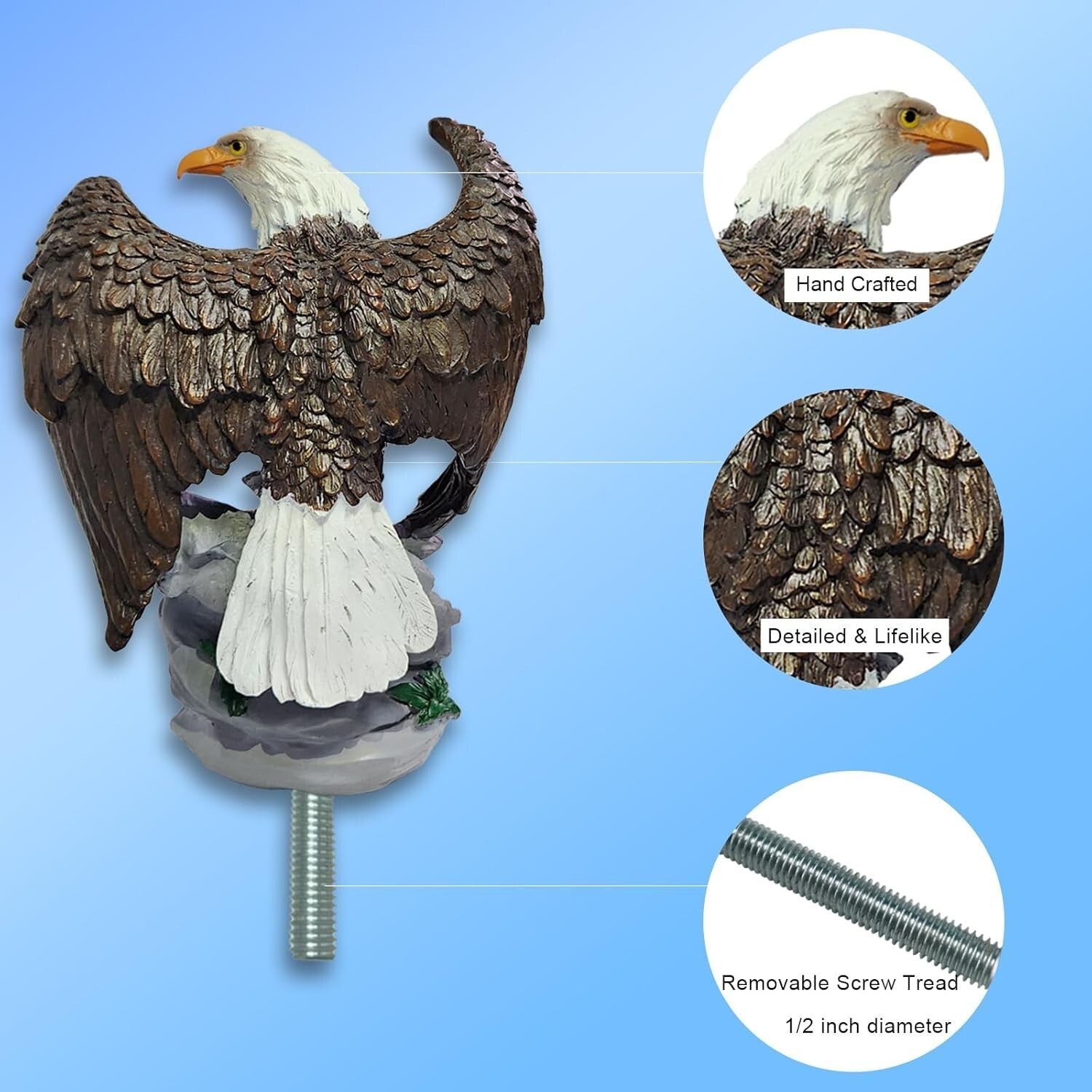 Durable 2-in-1 Bald Eagle Flag Pole Finial - 12" Resin Decor for Patriotic Homes