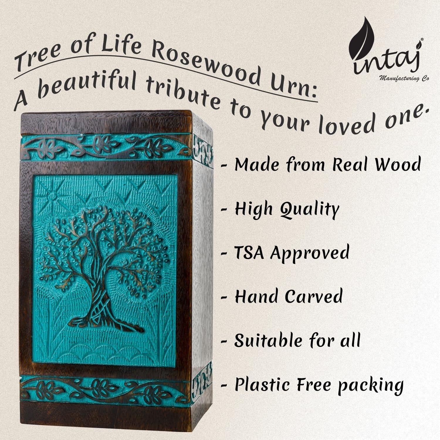 Handcarved Tree of Life Wooden Cremation Urn - 180 lbs Capacity, Teal Green