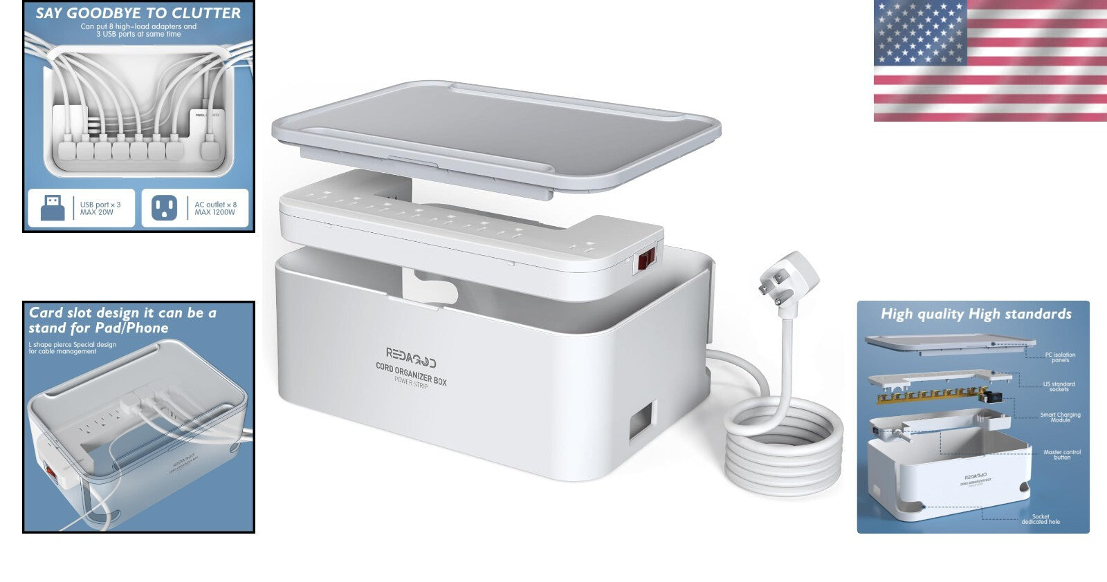 All-in-One Charging Station: 8 Outlets, 3 USB Ports and Cable Management Box