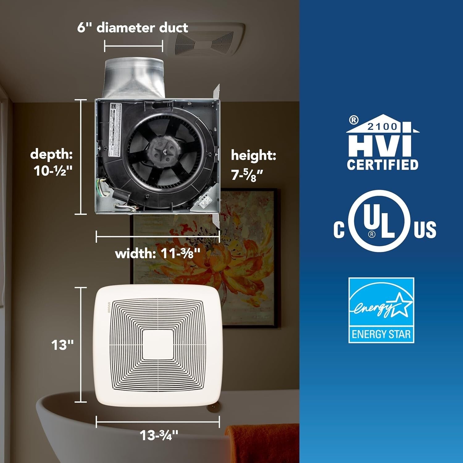 High Efficiency 80 CFM Ceiling Mount Bathroom Fan - Silent Operation 0.4 Sones