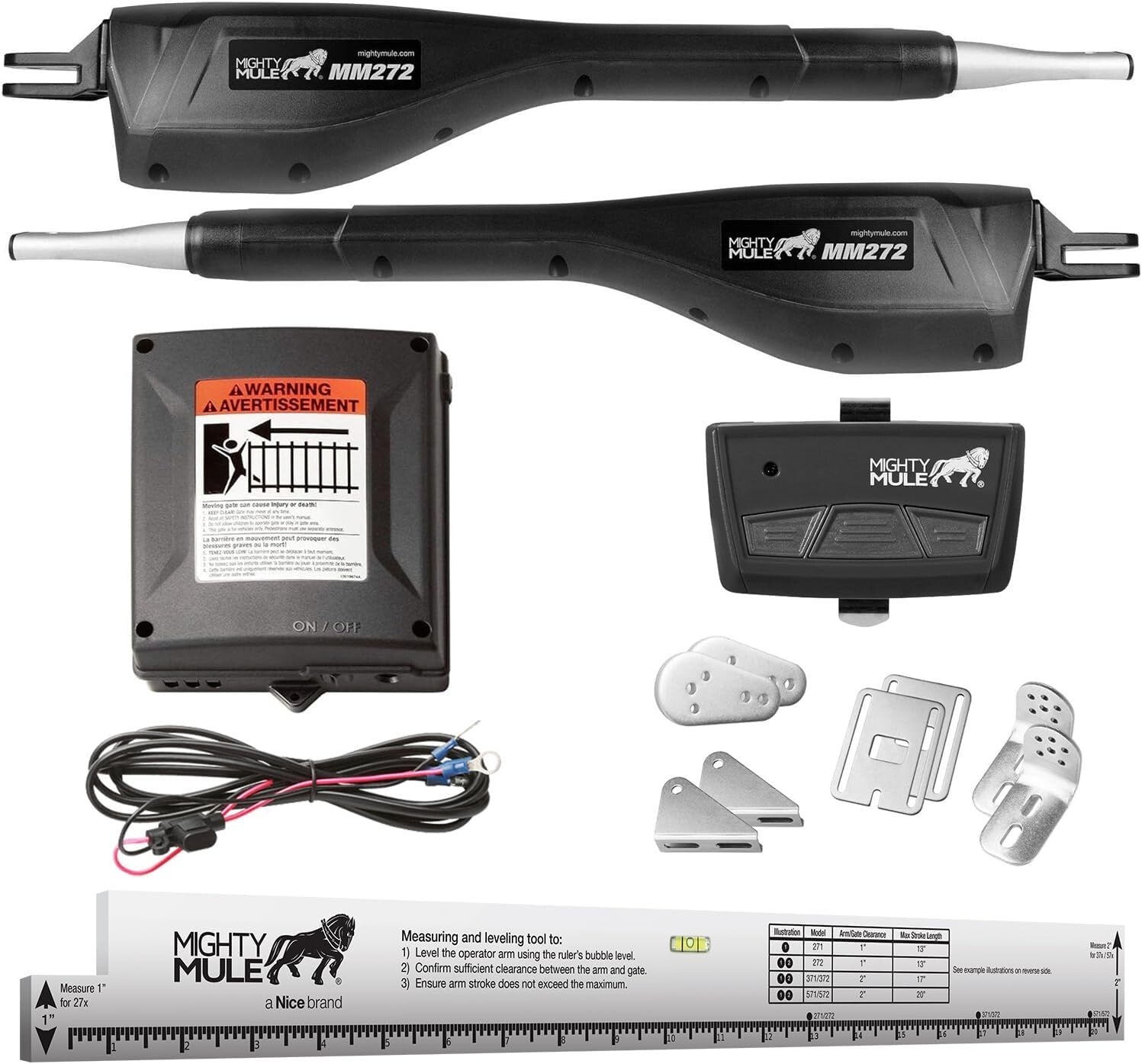 Dual Swing Gate Opener Kit with 3-Button Remote & Installation Ruler - Black