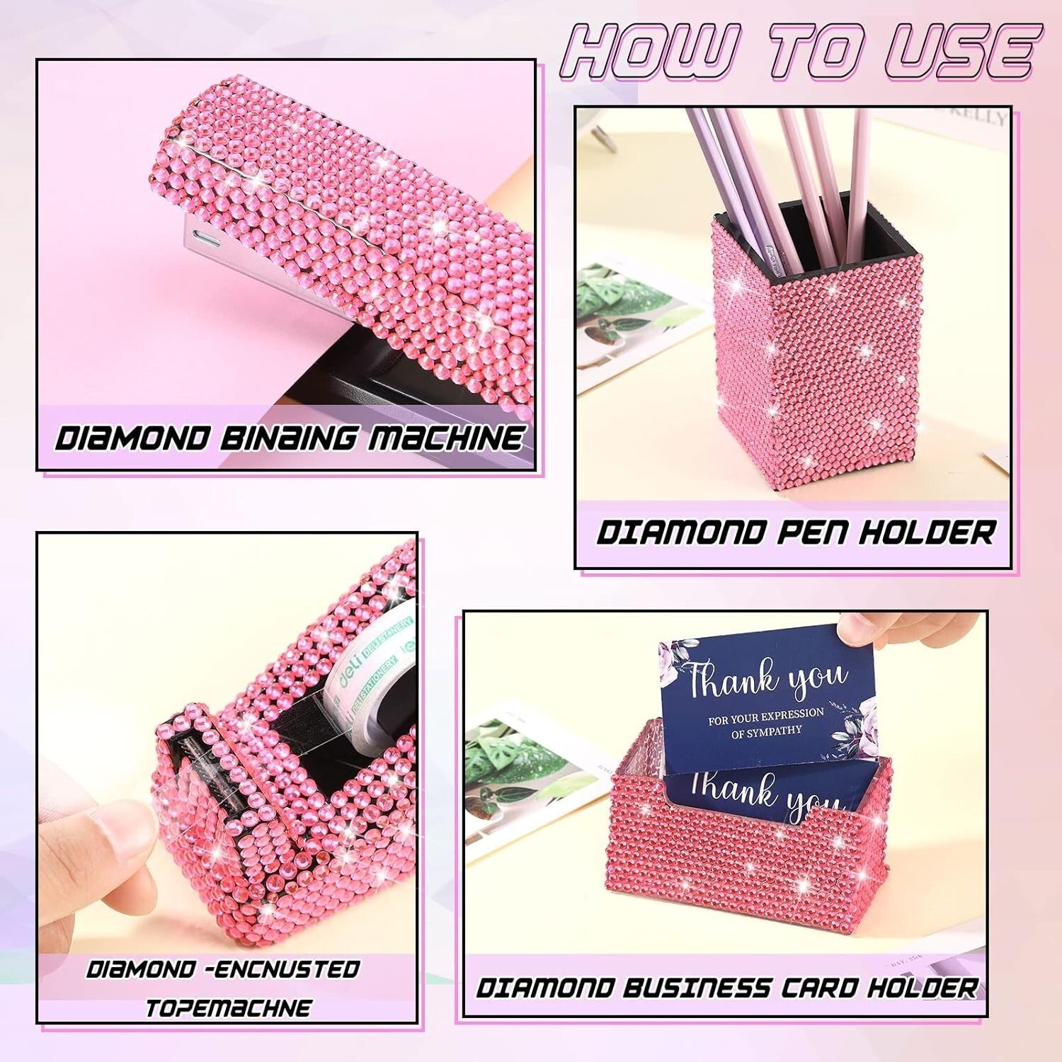 7-Piece Pink Diamond Desk Set: Scissors, Stapler, and Tape Dispenser Included