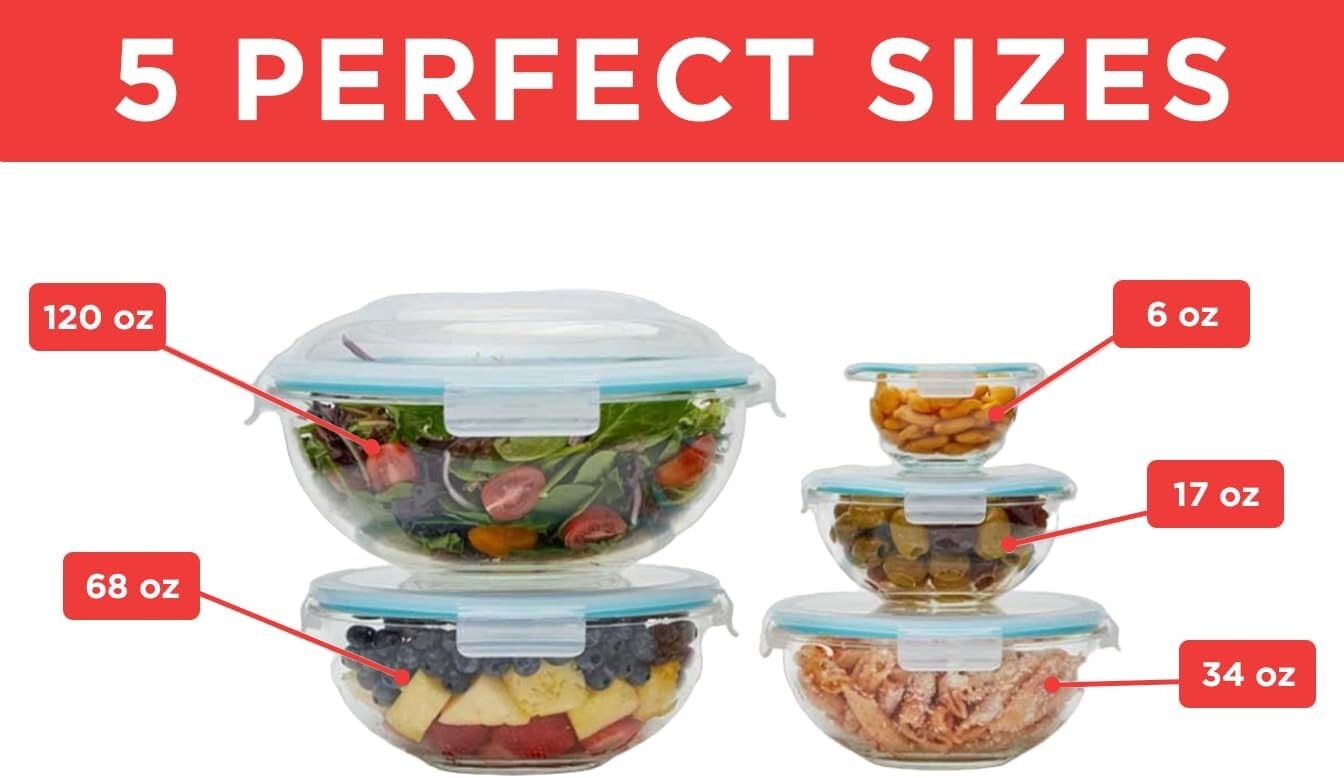 Versatile 5-Piece Glass Bowls with Locking Lids for Meal Prep & Storage