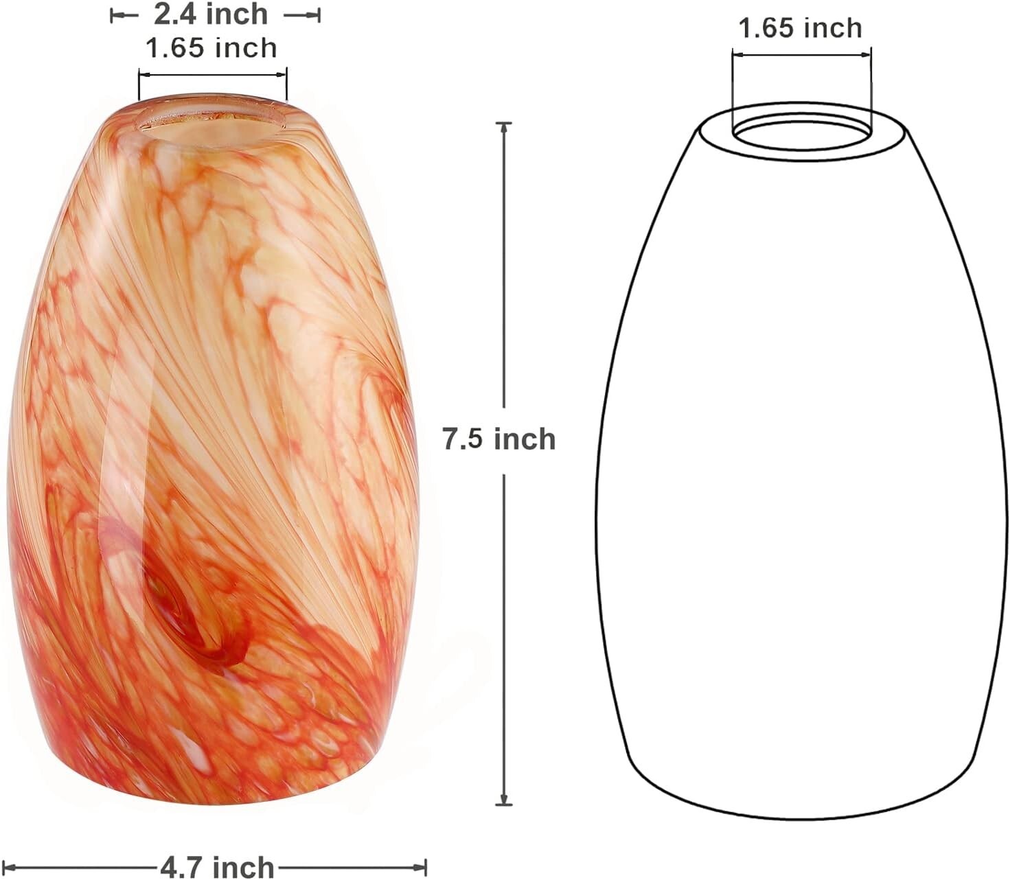 Artistic Hand-Blown Amber Red Lamp Shade - Flush Mount, 7.5''x4.7'' Perfect Fit