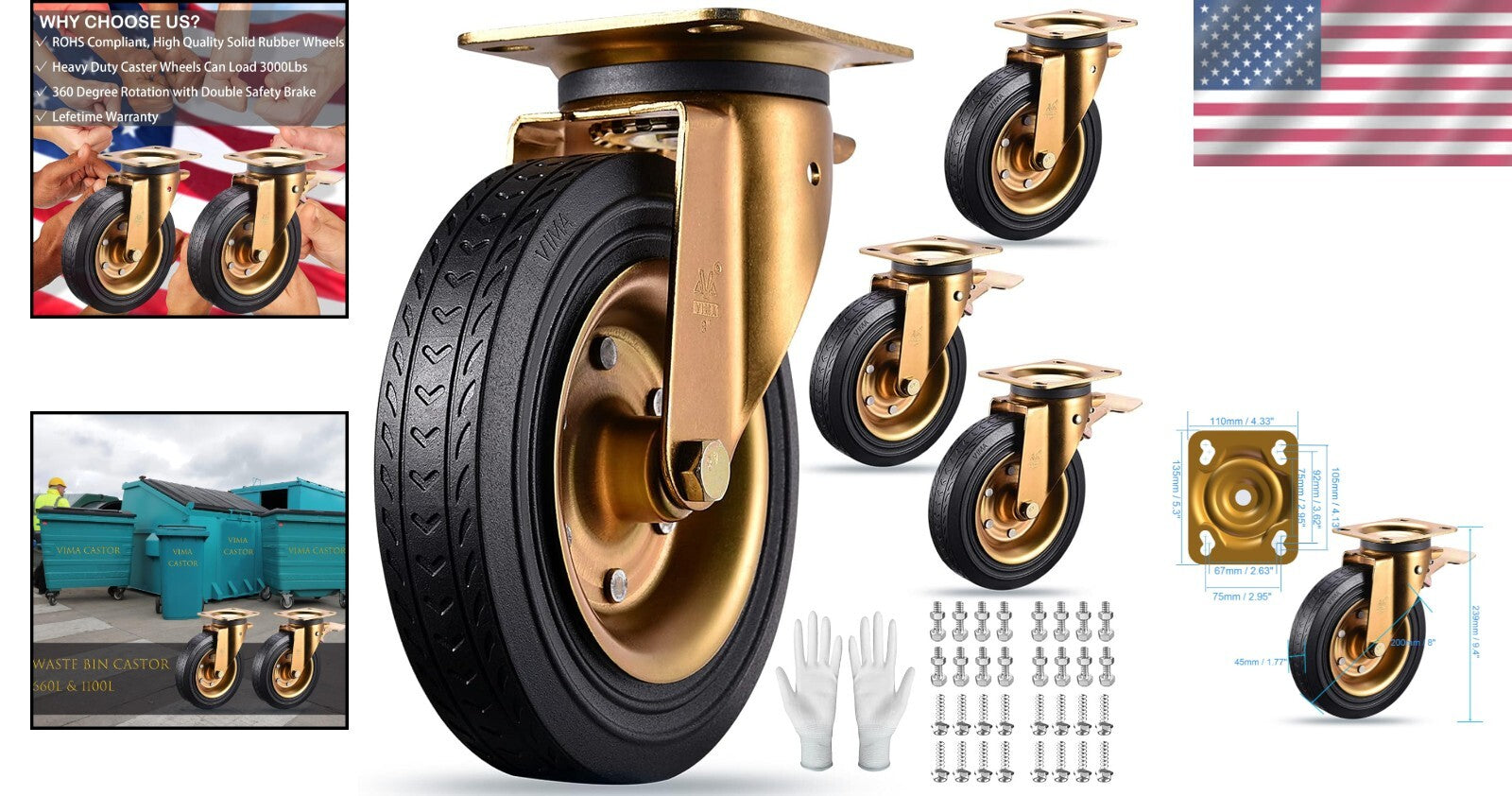 Versatile 8" Heavy Duty Casters for Indoor/Outdoor Use - 3000lbs Full Load Kit